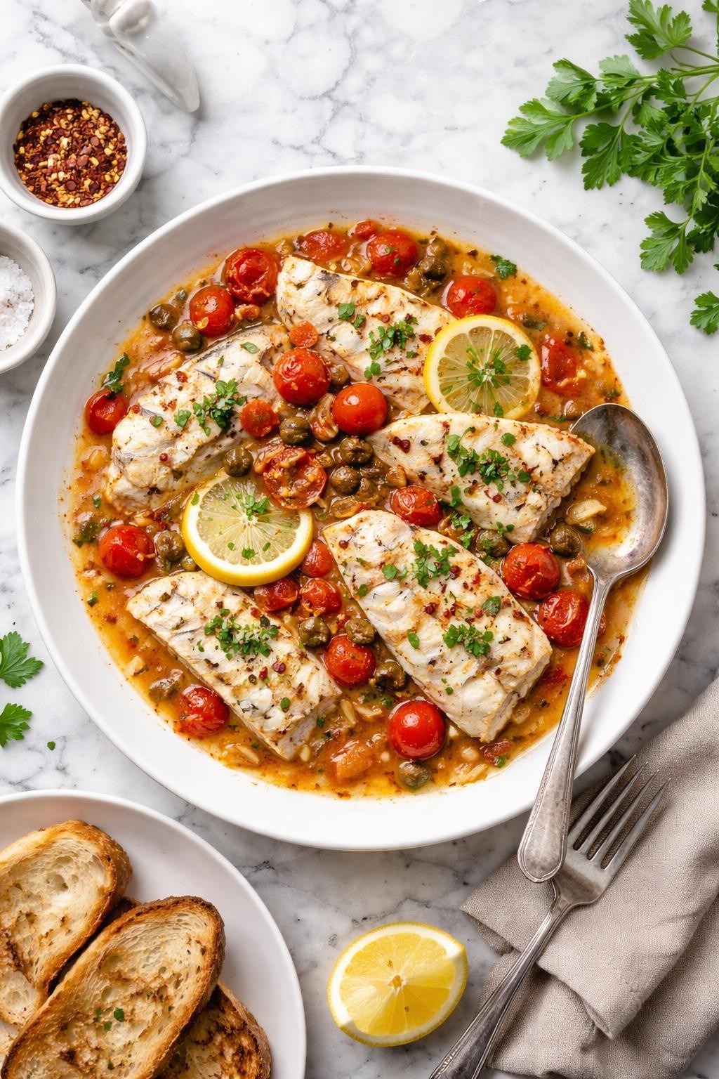 An overheard picture view of a plate of Italian Poached Fish sitting on a marble countertop table in the kitchen, professional food photography style.