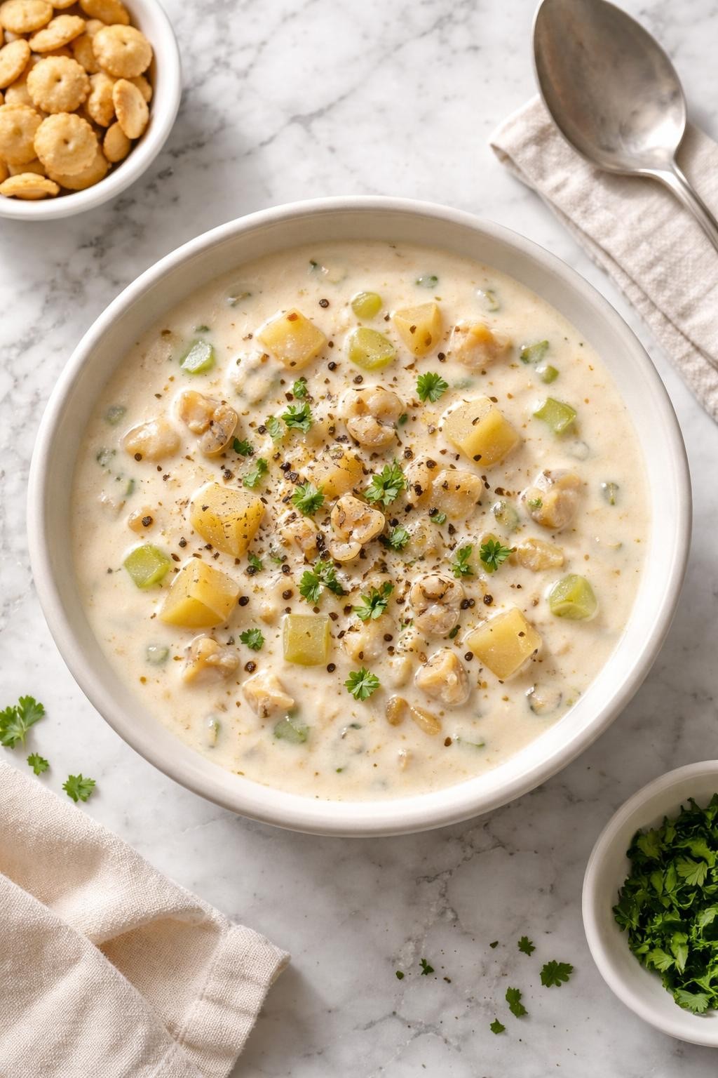 Top-down realistic editorial food photography of a bowl of classic New England clam chowder on a clean white and gray marble countertop, thick creamy chowder filled with chopped clams, tender diced potatoes, bits of onion, and small pieces of celery, topped with cracked black pepper and a light sprinkle of fresh parsley, simple neutral soup bowl, warm homemade comfort food mood, bright natural window lighting, soft shadows, clean composition, high detail, realistic food texture, no people, no hands, no text, no watermarks, no props with writing.