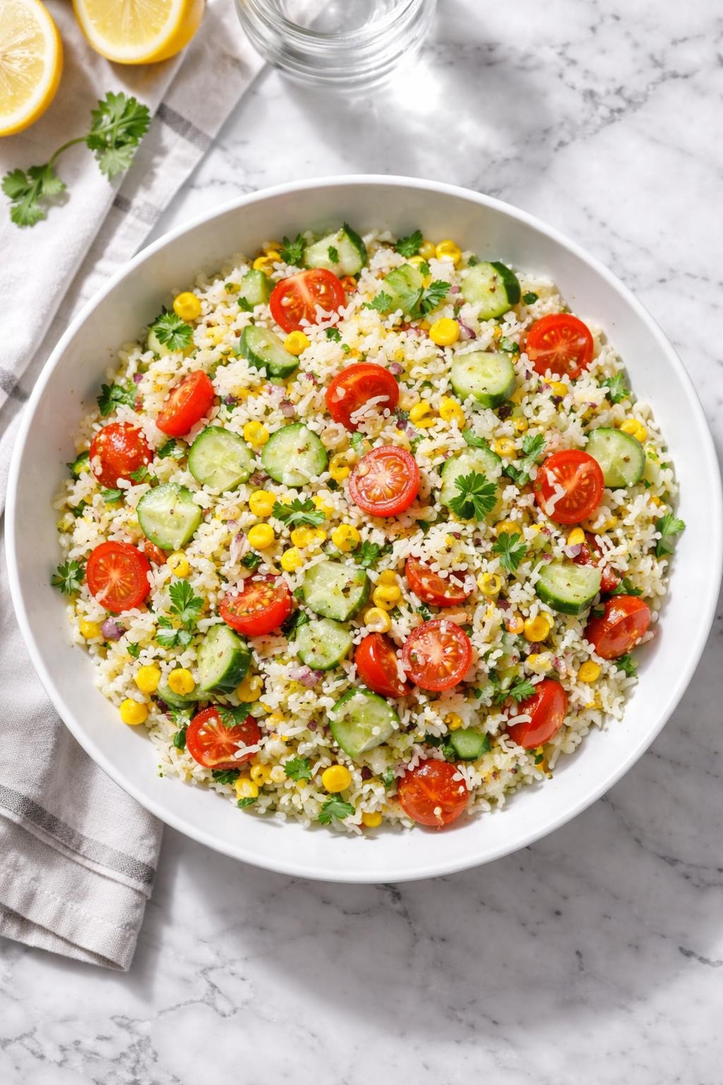 Image Prompt: Realistic top-down editorial food photography of a classic vegetable rice salad in a wide white bowl on a clean white and gray marble countertop, fluffy cooked rice mixed with diced cucumber, cherry tomatoes, sweet corn, red onion, chopped parsley, and a light lemon vinaigrette, bright natural window lighting, soft shadows, clean composition, high detail, realistic food texture, fresh homemade meal mood, no people, no hands, no text, no watermarks, no props with writing.