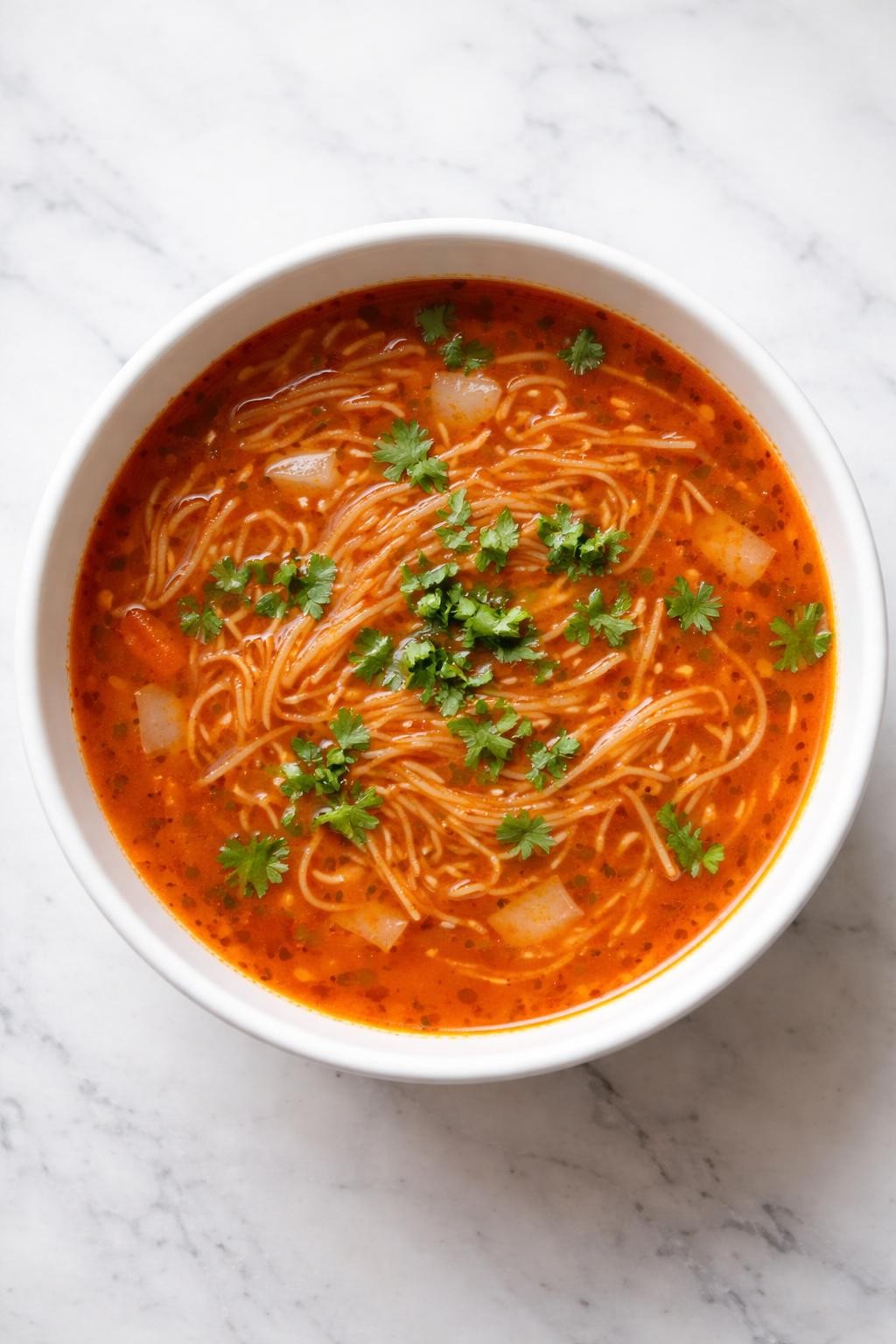 Image Prompt: Realistic top-down editorial food photography of Mexican fideo sopita in a white bowl on a clean marble countertop, thin toasted noodles in a rich red tomato broth with soft onion pieces and fresh cilantro garnish, cozy homemade soup mood, bright natural daylight, realistic food texture, no people, no hands, no text, no watermarks, no props with writing.