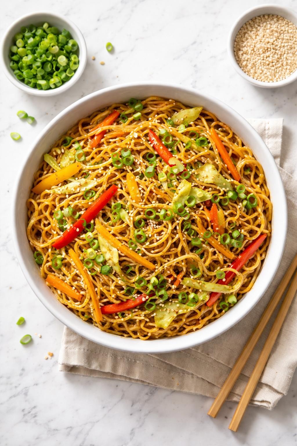 Image Prompt: Top-down realistic food photography of vegan chow mein on a bright white marble countertop, stir-fried noodles tossed with cabbage, carrots, bell peppers, and soy-based sauce, glossy texture, homemade noodle dinner styling, bright natural daylight, clean editorial composition, high detail, no people, no hands, no text, no watermarks, no props with writing.