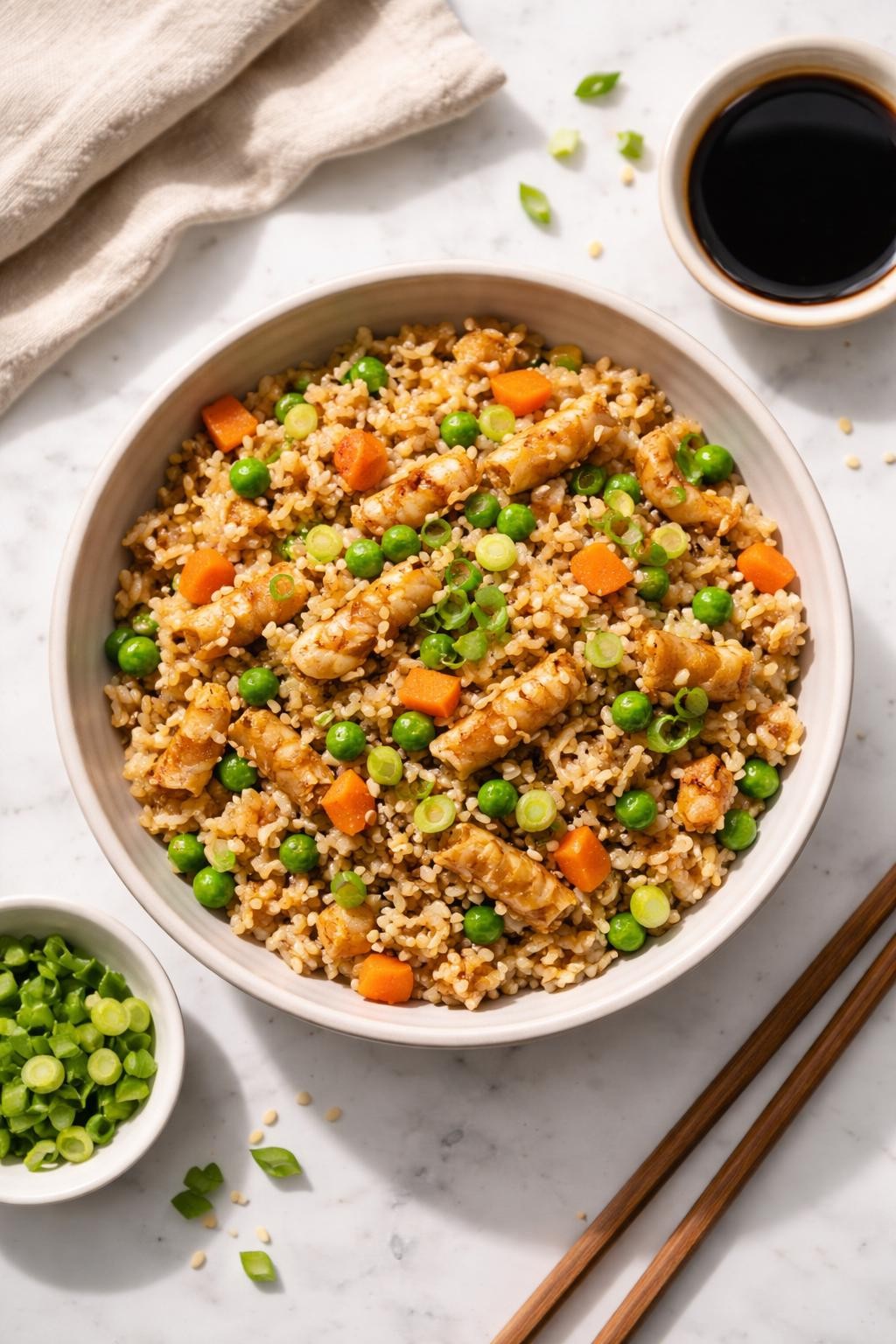 Image Prompt: Realistic top-down editorial food photography of soy curl fried rice on a white marble countertop, fluffy rice stir-fried with chopped soy curls, peas, carrots, green onions, and soy sauce in a simple bowl, easy homemade vegan lunch styling, bright natural daylight, soft shadows, clean editorial composition, high detail, realistic texture, no people, no hands, no text, no watermarks, no props with writing.