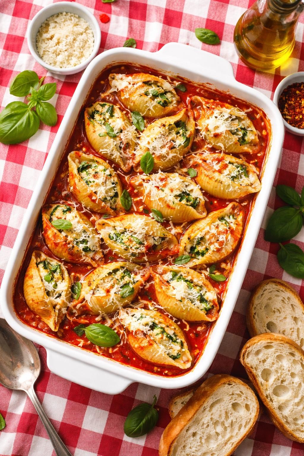 "Realistic top-down food photography of a baking dish filled with stuffed shells on a red and white tablecloth. The shells are large pasta shells filled with creamy ricotta and spinach, covered in marinara sauce and melted mozzarella. A sprinkle of Parmesan and fresh basil. Warm Italian-American comfort food, no people, no hands, no text, no watermarks."