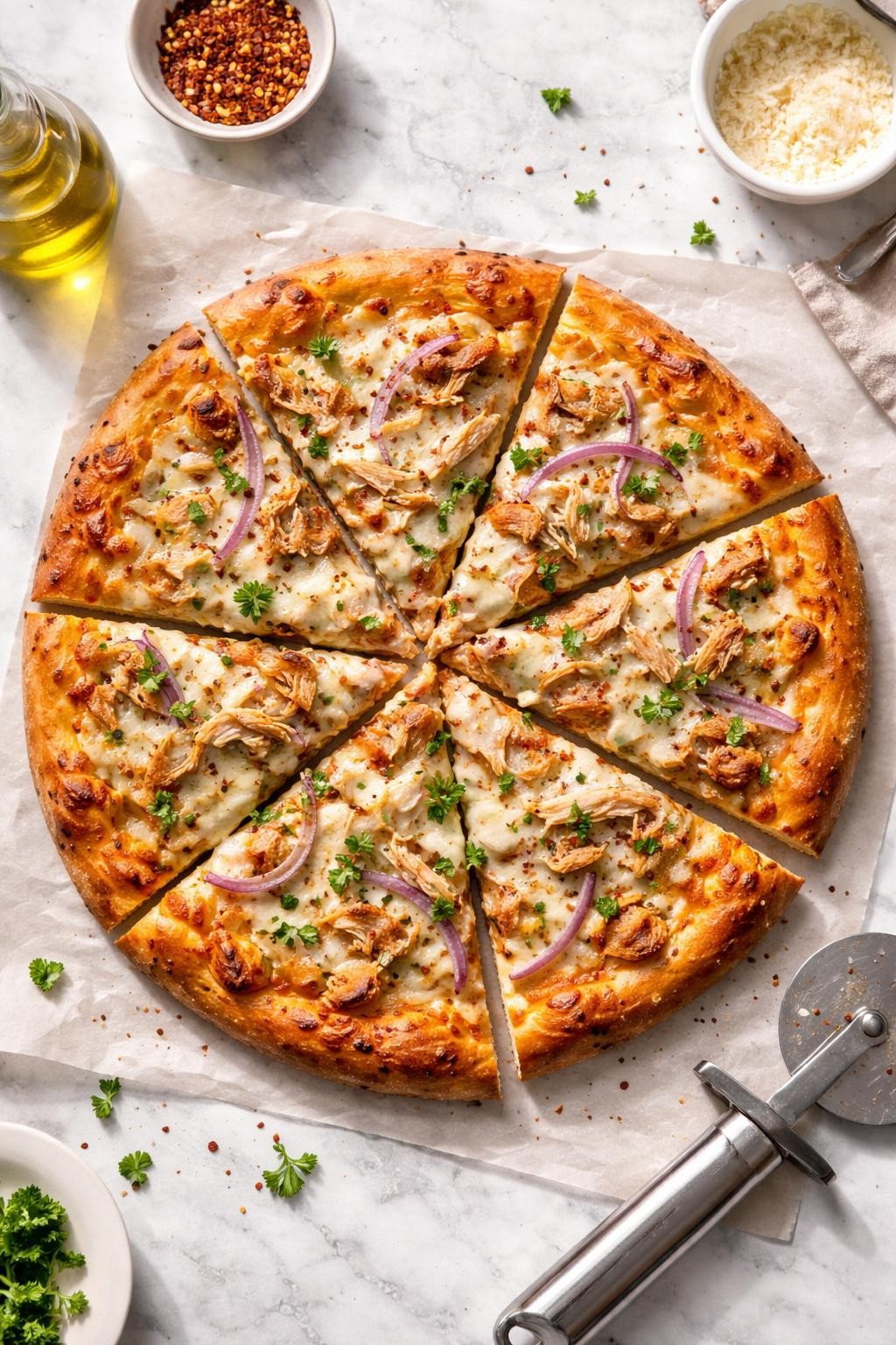 Prompt: Top-down realistic editorial food photography of rotisserie chicken pizza on a clean light marble countertop, homemade pizza topped with shredded chicken, melted mozzarella, red onion, and fresh herbs, sliced into wedges with golden crust and bubbly cheese, casual homemade dinner mood, bright natural window lighting, soft shadows, clean composition, high detail, realistic food texture, no people, no hands, no text, no watermarks, no props with writing.