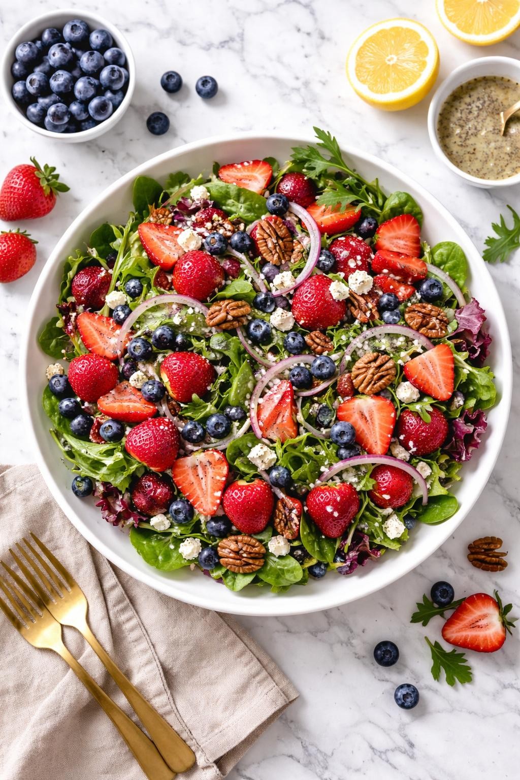 An overheard picture view of a plate of Blueberry Strawberry Summer Salad sitting on a marble countertop table in the kitchen, professional food photography style.