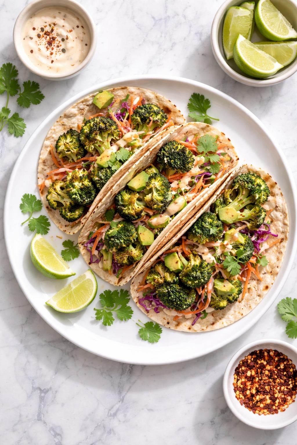 Image Prompt: Realistic top-down editorial food photography of vegan broccoli tacos on a white plate over a clean marble countertop, warm tortillas filled with roasted broccoli, avocado, and slaw, fresh easy dinner styling, bright natural window light, no people, no hands, no text, no watermarks, no props with writing.