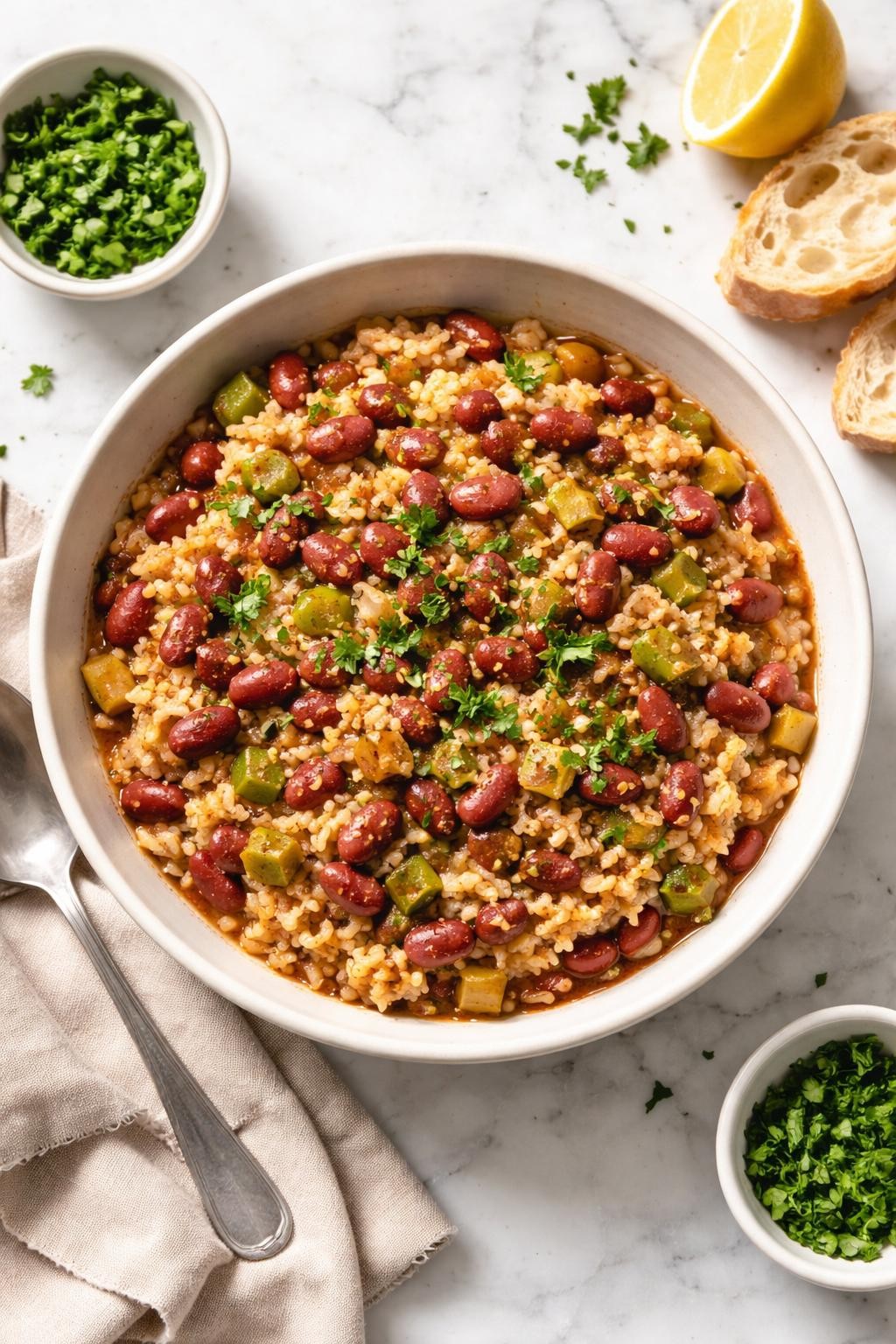 Image Prompt: Realistic top-down editorial food photography of a bowl of Instant Pot vegan red beans and rice on a white marble countertop, filled with fluffy rice, red beans, onions, celery, peppers, and rich savory seasoning, topped with parsley, hearty homemade meal styling, bright natural daylight, soft shadows, clean editorial composition, high detail, realistic texture, no people, no hands, no text, no watermarks, no props with writing.