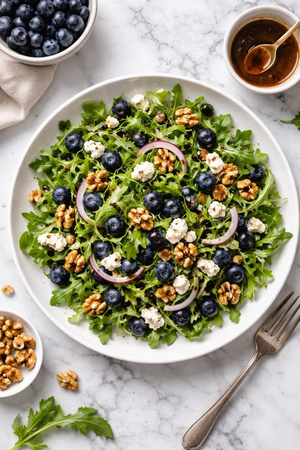 An overheard picture view of a plate of Blueberry Arugula Salad with Goat Cheese and Walnuts sitting on a marble countertop table in the kitchen, professional food photography style.