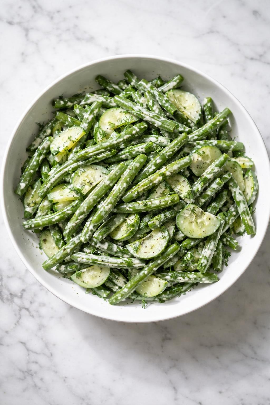 Image Prompt: Realistic top-down editorial food photography of a cold green bean salad with dill yogurt dressing in a white serving bowl on a clean marble countertop, chilled green beans coated lightly in creamy yogurt dressing with fresh dill and cucumber slices, bright natural window lighting, soft shadows, clean composition, high detail, realistic food texture, no people, no hands, no text, no watermarks, no props with writing.