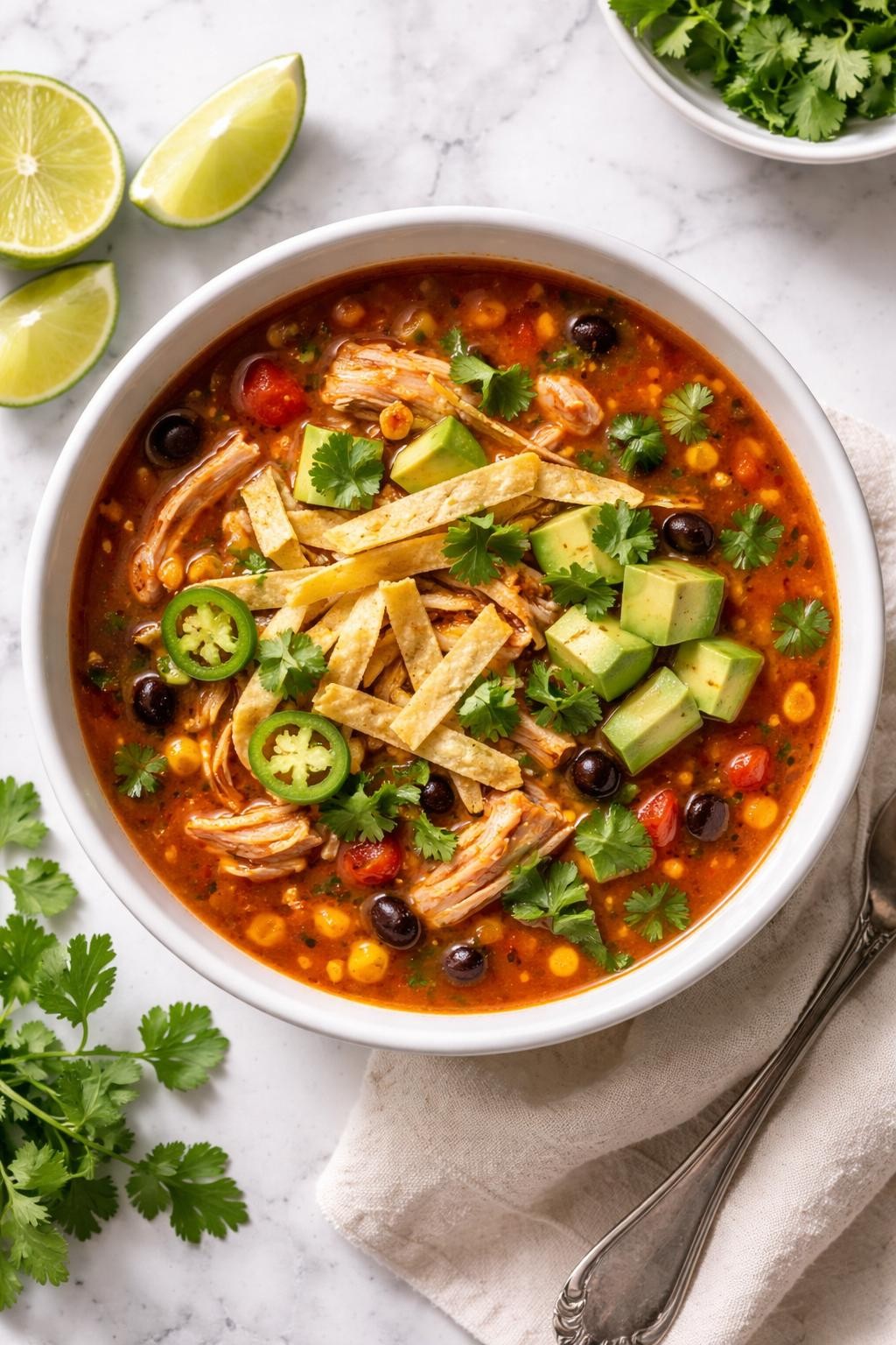 Image Prompt: Realistic top-down editorial food photography of Mexican chicken thigh tortilla soup in a white bowl on a clean marble countertop, tomato-based broth with shredded chicken thighs, black beans, corn, tortilla strips, avocado, and cilantro, cozy homemade soup styling, bright natural window light, no people, no hands, no text, no watermarks, no props with writing.