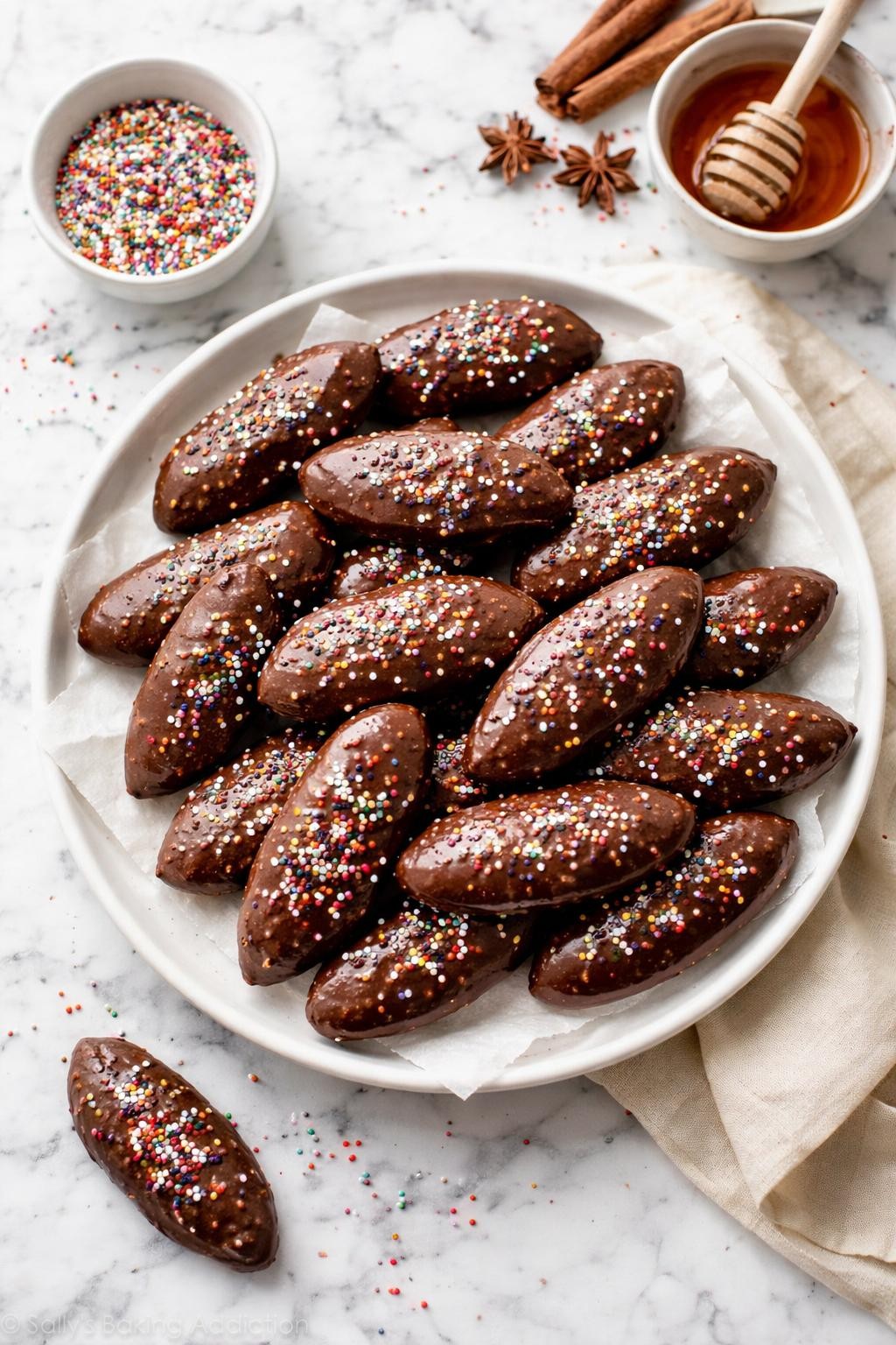 An overheard picture view of a plate of Mostaccioli Cookies   sitting on a marble countertop table in the kitchen, professional food photography style.
