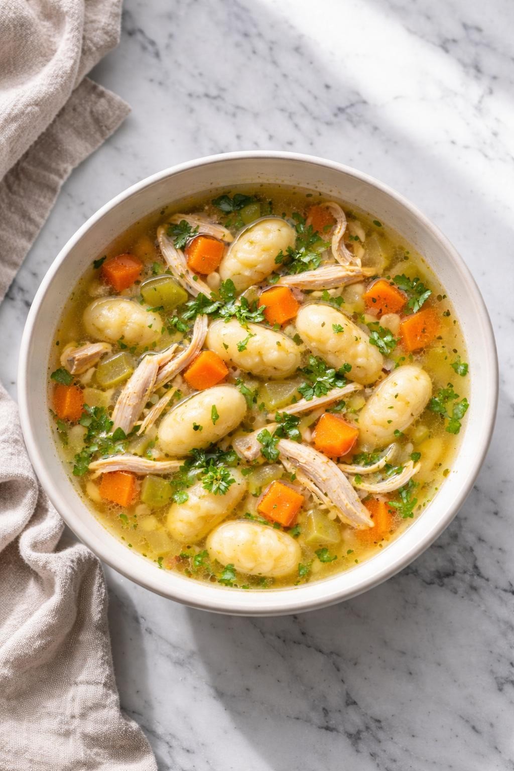Image Prompt: Realistic top-down editorial food photography of chicken broth gnocchi soup in a simple ceramic bowl on a clean white and gray marble countertop, clear golden broth with soft gnocchi, shredded chicken, carrots, celery, and parsley, cozy homemade styling, bright natural window light, soft shadows, no people, no hands, no text, no watermarks, no props with writing.