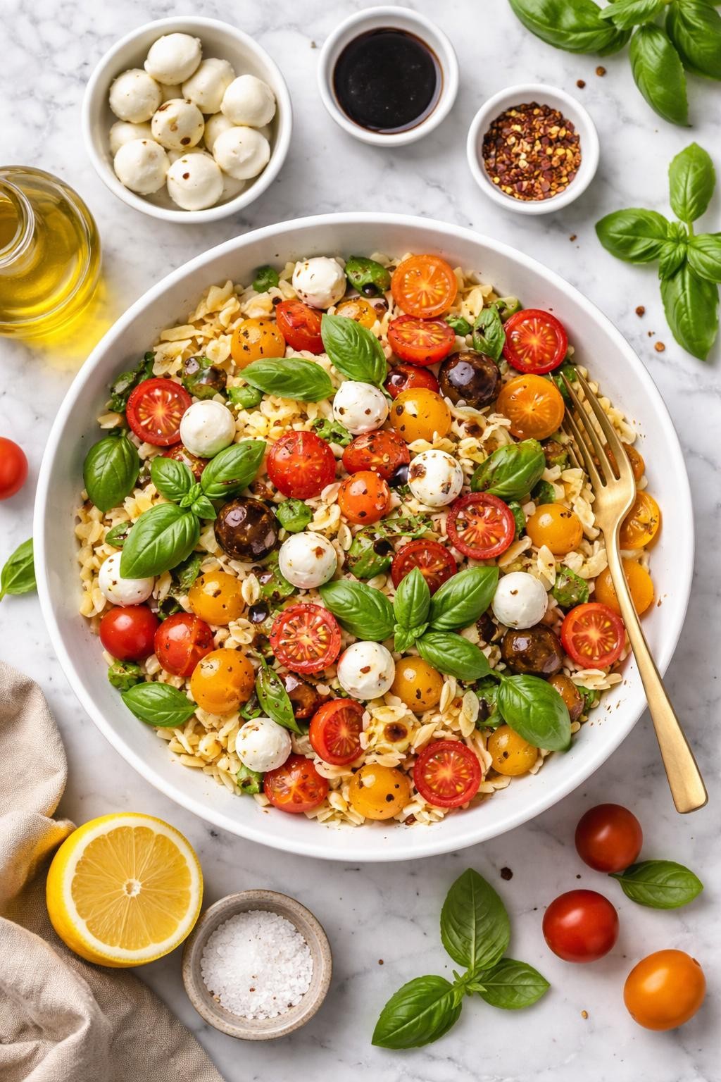 An overheard picture view of a plate of  Caprese Orzo Salad  sitting on a marble countertop table in the kitchen, professional food photography style.

