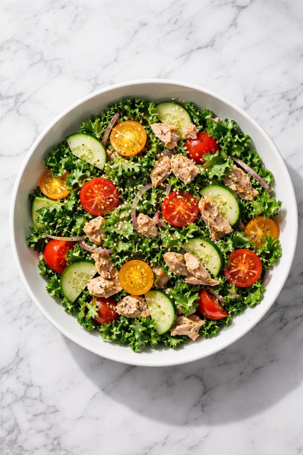 Image Prompt: Realistic top-down editorial food photography of a healthy kale and tuna salad in a shallow white bowl on a clean white and gray marble countertop, chopped kale with tuna flakes, cucumbers, cherry tomatoes, and lemon olive oil dressing, bright natural light, simple high protein lunch styling, no people, no hands, no text, no watermarks, no props with writing.