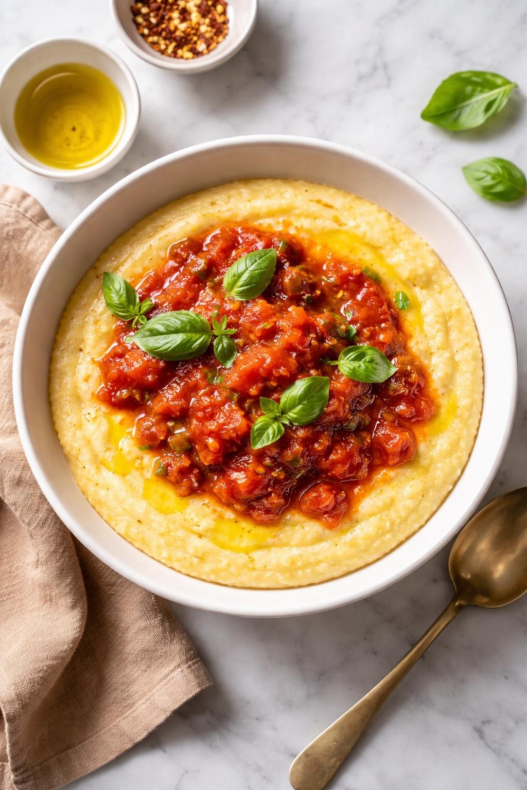 Image Prompt: Realistic top-down editorial food photography of vegan tomato basil polenta in a white bowl on a clean marble countertop, creamy polenta topped with a chunky tomato basil sauce and a drizzle of olive oil, bright natural daylight, warm cozy homemade meal mood, no people, no hands, no text, no watermarks, no props with writing.