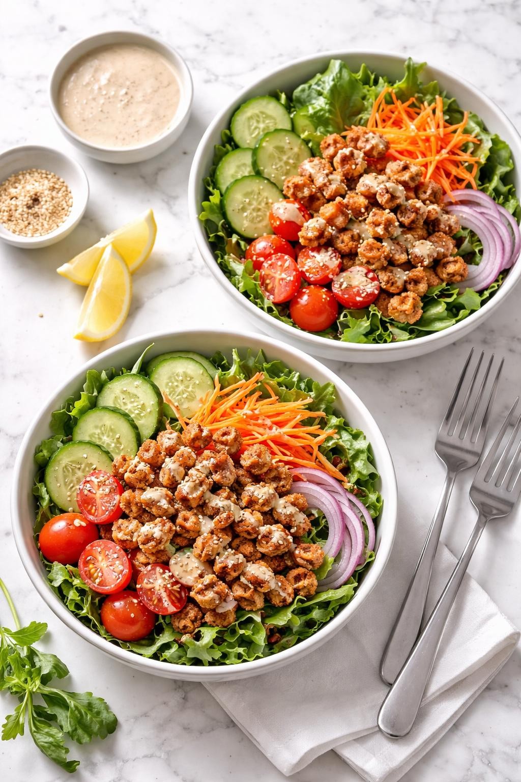 Image Prompt: Realistic top-down editorial food photography of crispy soy curl salad bowls on a clean white and gray marble countertop, fresh salad greens topped with crispy browned soy curls, cucumbers, tomatoes, carrots, and creamy dressing in a bright lunch bowl, natural window lighting, soft shadows, clean composition, high detail, realistic food texture, no people, no hands, no text, no watermarks, no props with writing.