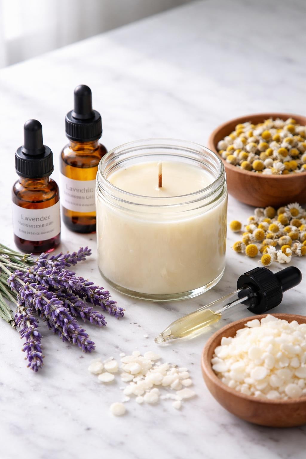 A realistic close-up photo of a homemade candle scent setup for lavender chamomile on a clean white marble countertop. Small bottles of lavender essential oil and chamomile essential oil sit beside a clear glass candle jar with creamy wax and a centered wick. Lavender sprigs, dried chamomile flowers, soy wax flakes, and a small dropper are placed neatly around the candle. Bright cool-toned natural light, crisp detail, realistic texture, clean minimal setup, strong focus on the candle and calming floral ingredients, no people, no text, (no watermarks on images)