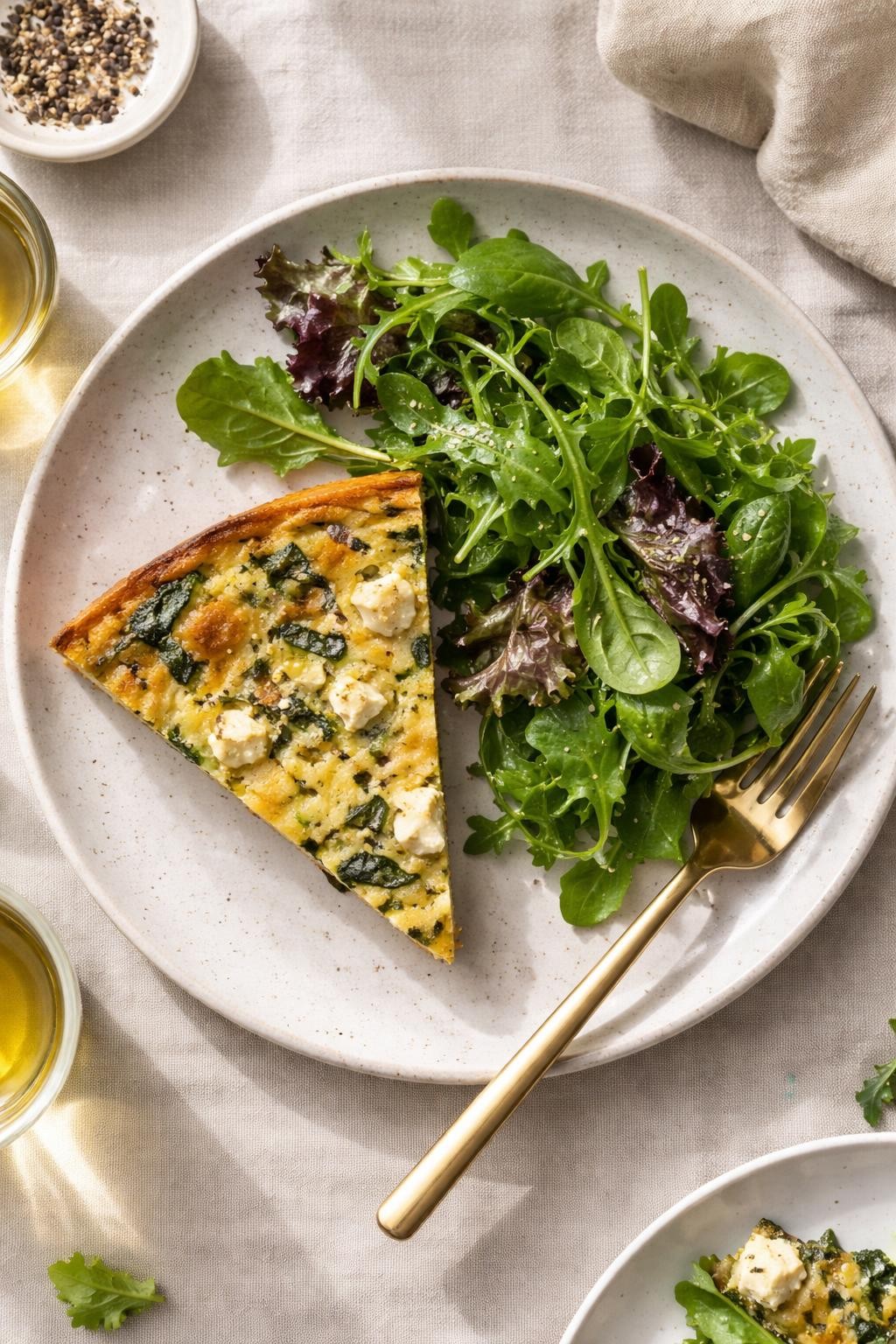 "Realistic top-down food photography of a slice of crustless quiche on a ceramic plate. The quiche is golden on top with visible flecks of green spinach and white feta cheese. A side salad of mixed greens with a simple vinaigrette. Soft morning light, elegant yet easy low-carb brunch vibe, no people, no hands, no text, no watermarks."