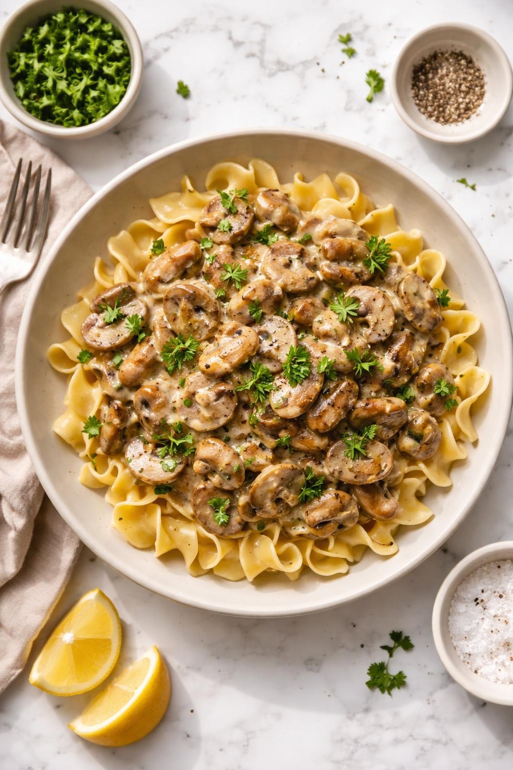 Image Prompt: Realistic top-down editorial food photography of soy curl stroganoff on a white marble countertop, noodles coated in a creamy mushroom sauce with browned soy curls, parsley, and black pepper in a shallow bowl, cozy homemade vegan comfort food styling, bright natural daylight, soft shadows, clean editorial composition, high detail, realistic texture, no people, no hands, no text, no watermarks, no props with writing.