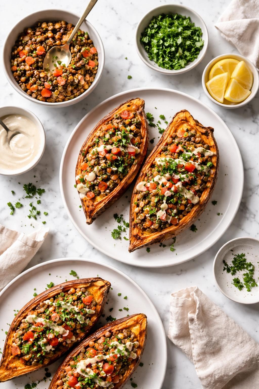 Image Prompt: Top-down realistic food photography of stuffed sweet potatoes with lentils on a clean white marble countertop, roasted split sweet potatoes filled with seasoned lentils, chopped tomatoes, parsley, and a light tahini drizzle, cozy homemade whole food vegan dinner styling, bright natural daylight, clean editorial composition, high detail, no people, no hands, no text, no watermarks, no props with writing.