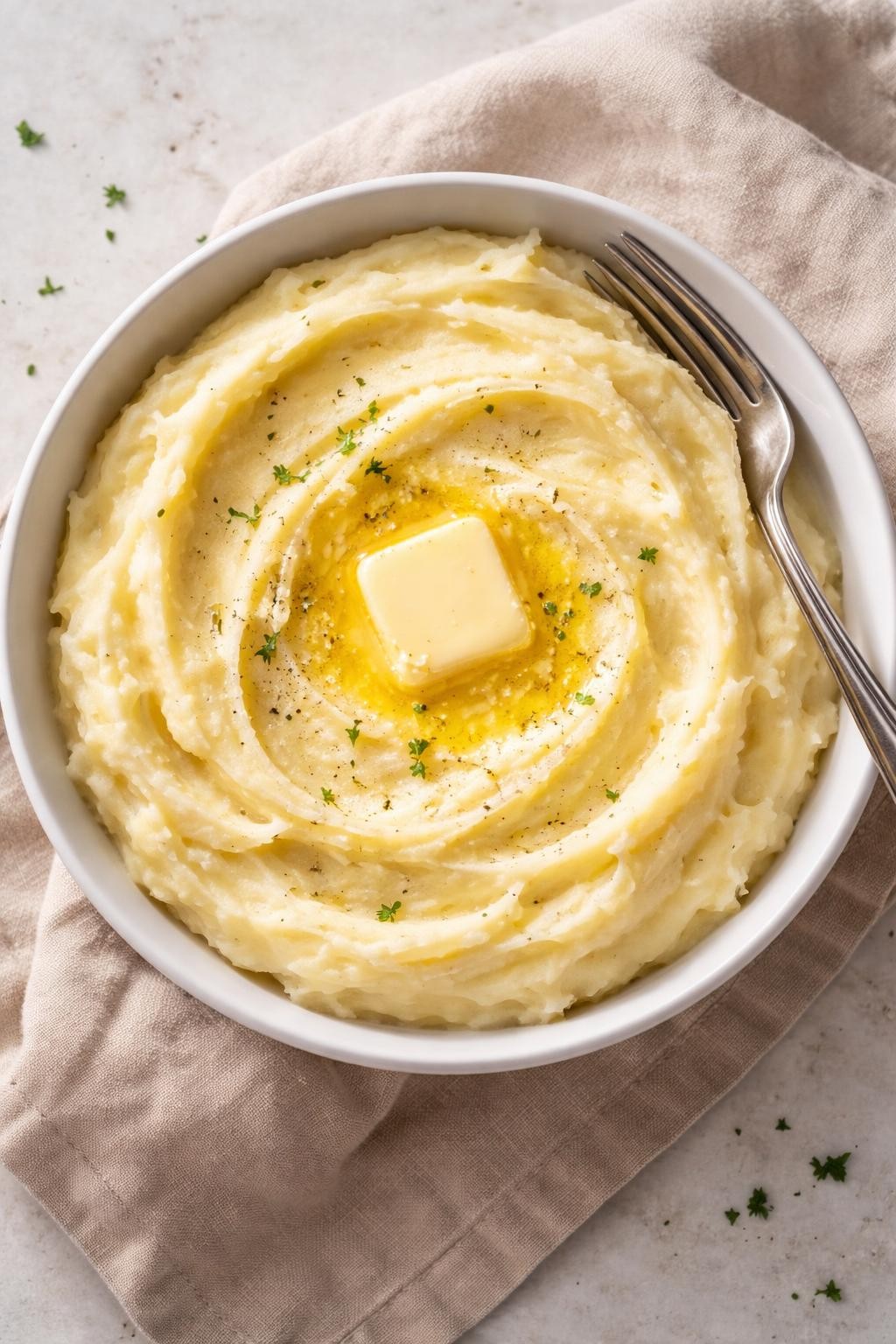 "Top-down realistic shot of a white bowl filled with smooth, lump-free mashed potatoes, with a pat of butter melting in the center. A fork resting on the edge. Soft natural light, ultimate comfort food side or main, no people, no hands, no text, no watermarks."
