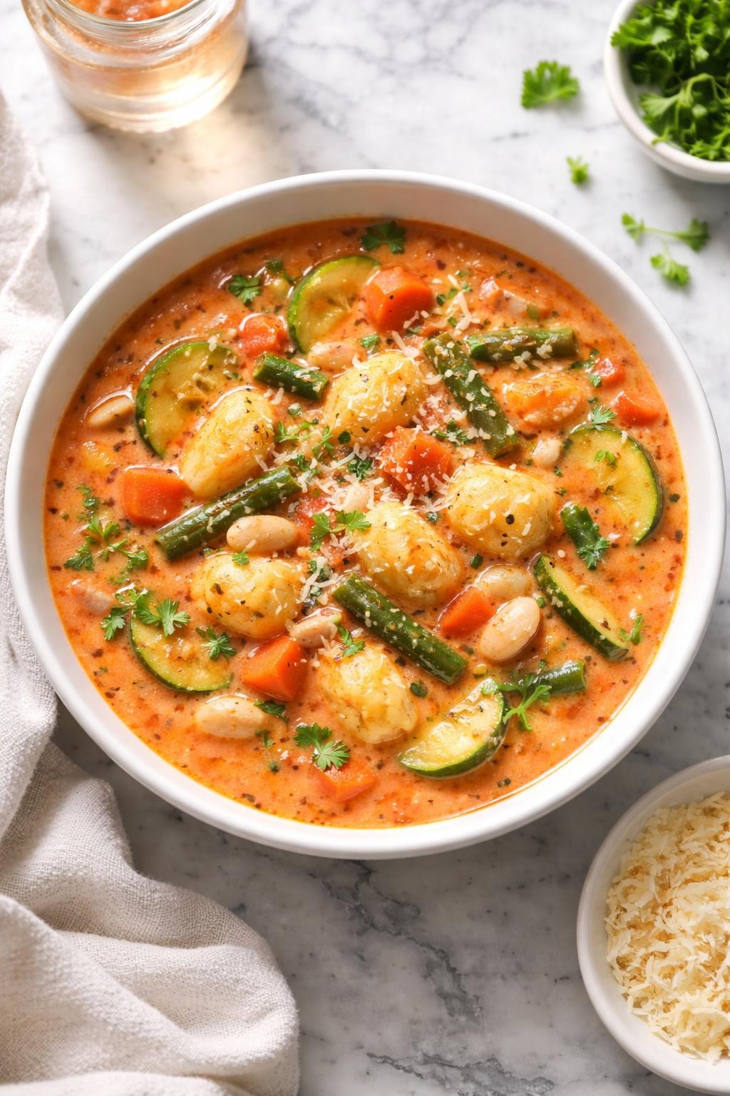 Image Prompt: Realistic top-down editorial food photography of Creamy Gnocchi Tomato Soup in a white bowl on a white and gray marble countertop, tomato-based broth with soft gnocchi, zucchini, carrots, green beans, white beans, and herbs, cozy homemade dinner styling, bright natural window light, soft shadows, no people, no hands, no text, no watermarks, no props with writing.