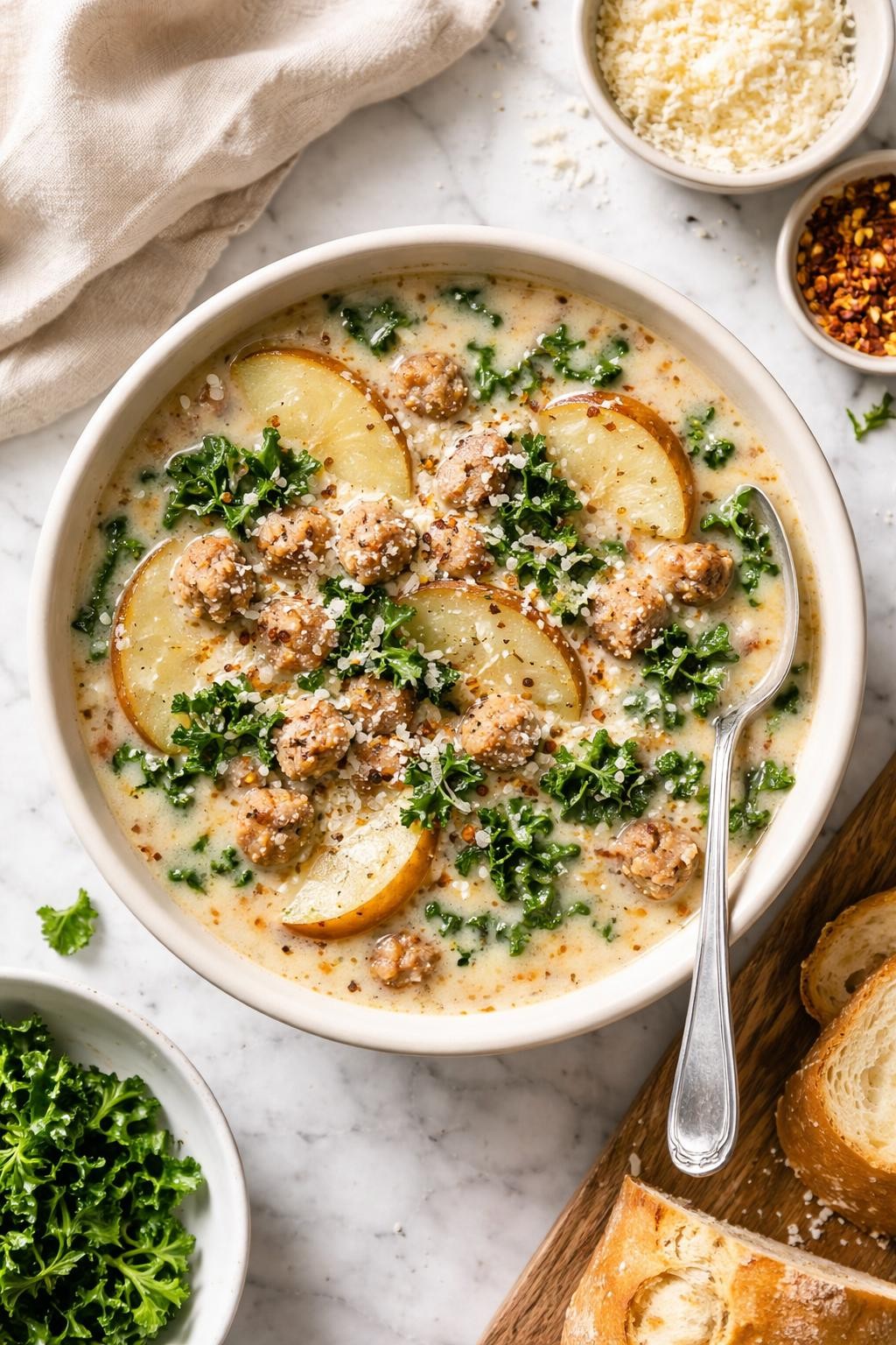 Image Prompt: Realistic top-down editorial food photography of a bowl of sausage potato soup on a white marble countertop, filled with crumbled sausage, sliced potatoes, chopped kale, and a creamy broth, styled like a homemade Olive Garden soup with a warm cozy feel, bright natural daylight, soft shadows, clean composition, high detail, realistic food texture, no people, no hands, no text, no watermarks, no props with writing.
