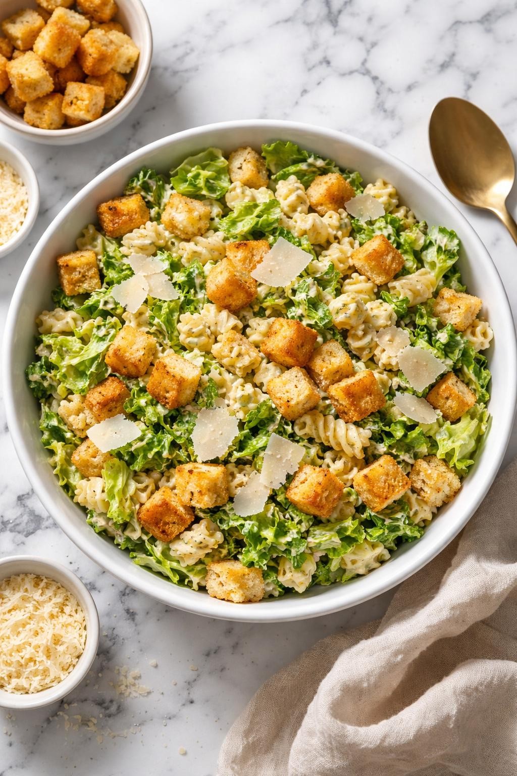 Image Prompt: Realistic top-down editorial food photography of Caesar pasta salad with garlic croutons in a simple white serving bowl on a white and gray marble countertop, rotini pasta tossed with chopped romaine, creamy Caesar dressing, parmesan shavings, and golden garlic croutons, cozy homemade styling, bright natural light, soft shadows, no people, no hands, no text, no watermarks, no props with writing.