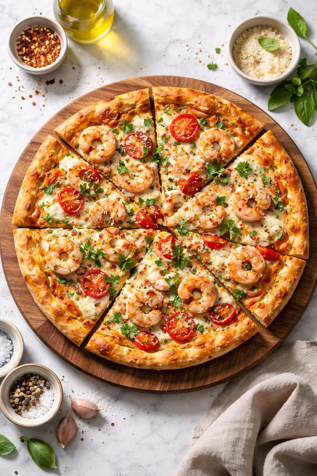 Image Prompt: Realistic top-down editorial food photography of Italian shrimp pizza on a wooden pizza board over a clean marble countertop, thin crust pizza topped with shrimp, mozzarella, garlic, tomatoes, herbs, and parmesan, golden crust visible, bright natural daylight, homemade pizza night mood, no people, no hands, no text, no watermarks, no props with writing.
