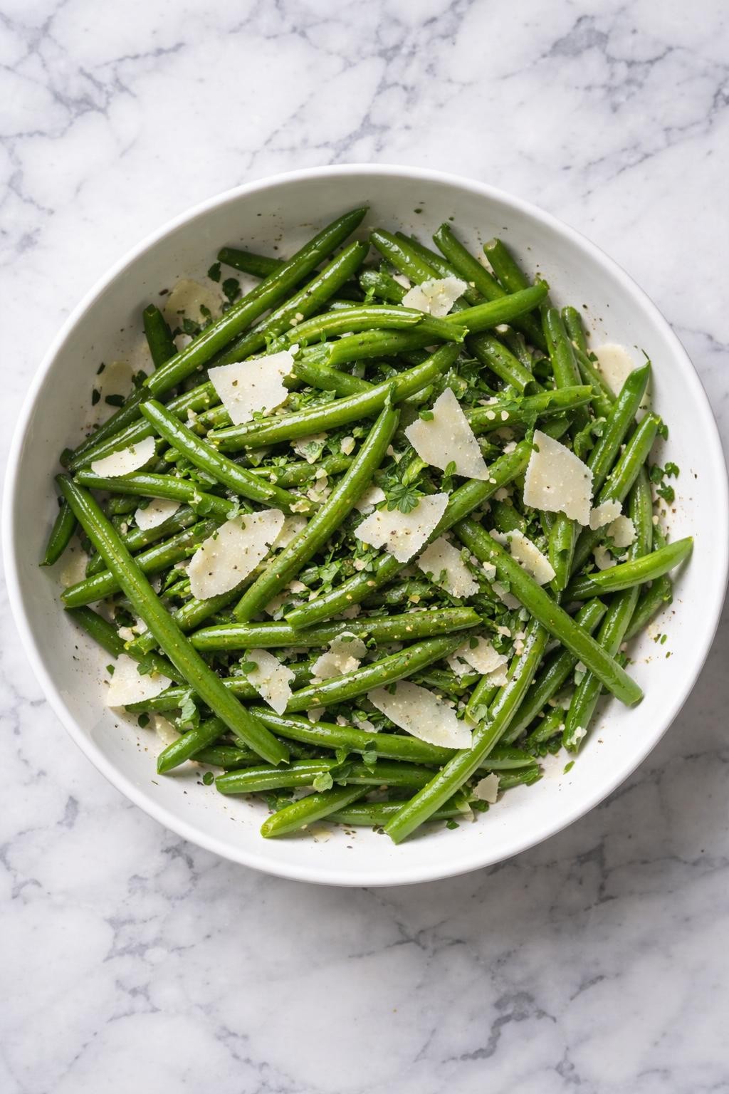 Image Prompt: Realistic top-down editorial food photography of a cold green bean salad with shaved parmesan in a wide white bowl on a clean white and gray marble countertop, chilled green beans tossed with shaved parmesan, black pepper, lemon vinaigrette, and parsley, bright natural window light, soft shadows, clean composition, high detail, realistic food texture, no people, no hands, no text, no watermarks, no props with writing.