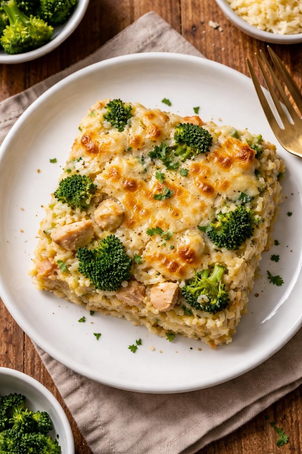Photo prompt: Realistic top-down food photography of a square scoop of casserole on a white plate. The casserole is creamy and golden, with chunks of chicken, green broccoli florets, and grains of rice visible throughout. A melted cheese layer on top with slight browning. Warm, filling family dinner mood. No people, no hands, no text, no watermarks, no props with writing.