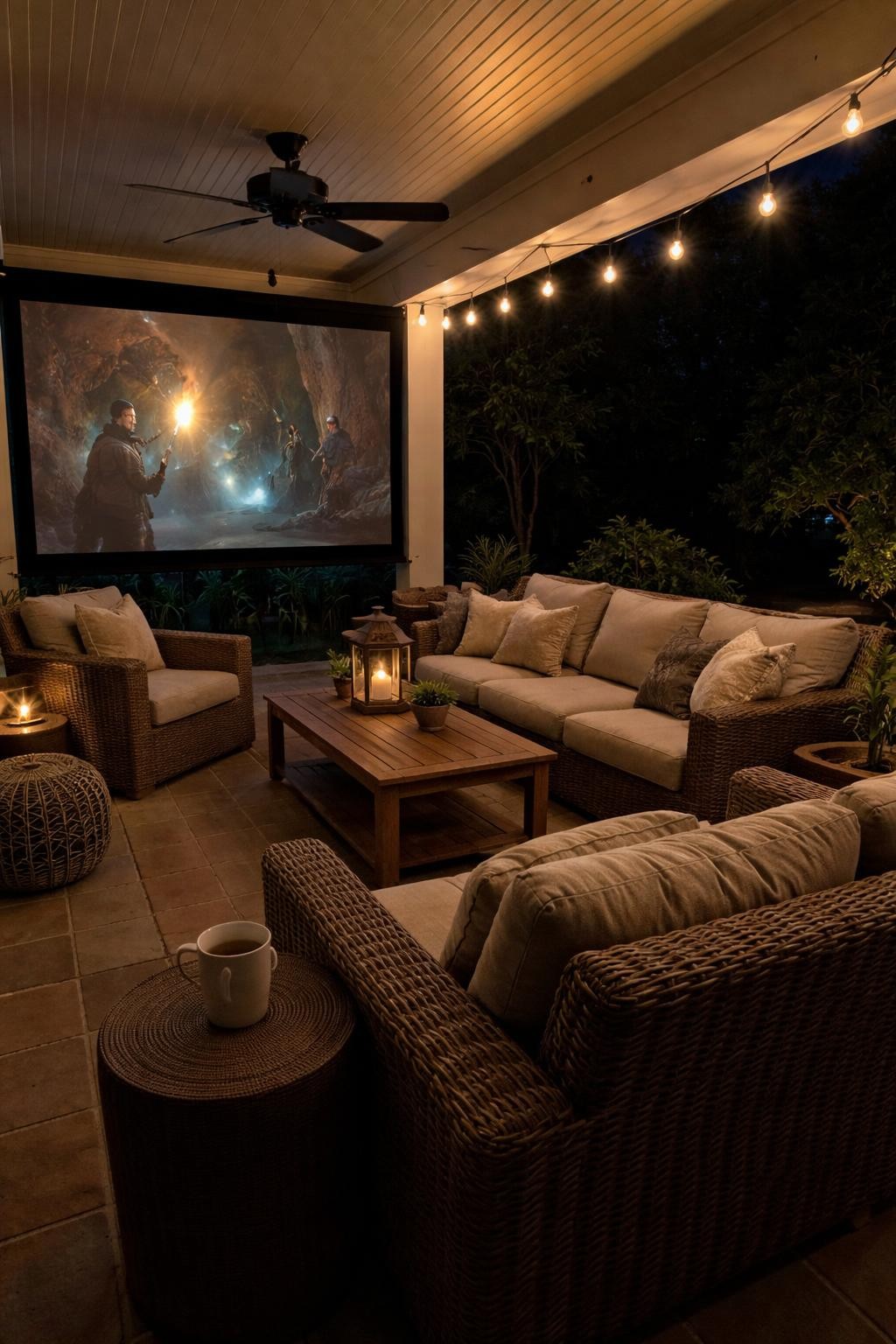 Photo of a covered patio with a comfortable couch and armchairs facing a movie screen, corner angle view, setting on a patio at night, soft ambient light, containing a mug on a side table, iPhone photo quality.