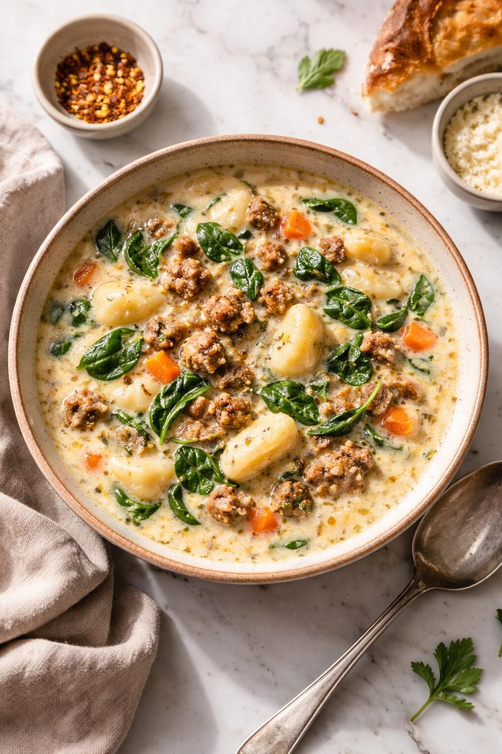 Image Prompt: Realistic top-down editorial food photography of sausage gnocchi soup in a rustic bowl on a white marble countertop, rich creamy soup with browned Italian sausage, soft gnocchi, spinach, and herbs, cozy homemade comfort food styling, bright natural light, soft shadows, no people, no hands, no text, no watermarks, no props with writing.