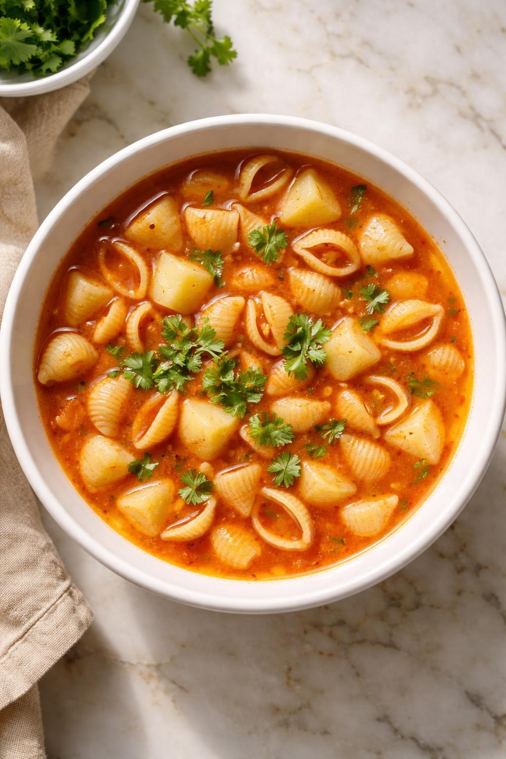 Image Prompt: Realistic top-down editorial food photography of Mexican sopita with potatoes in a white bowl on a clean marble countertop, shell pasta in light red tomato broth with tender potato cubes and cilantro garnish, warm natural daylight, cozy homemade soup mood, no people, no hands, no text, no watermarks, no props with writing.