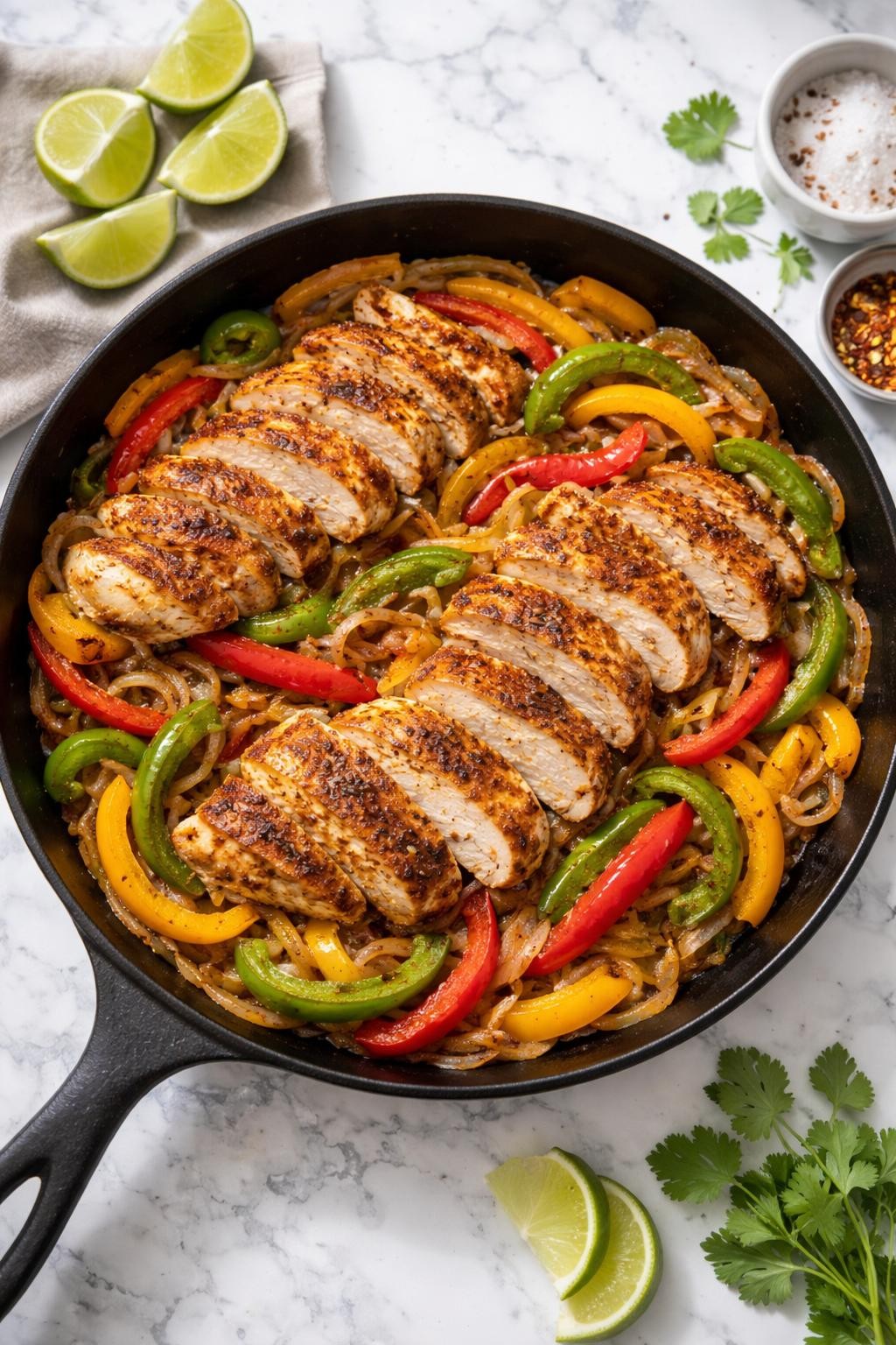 Image Prompt: Realistic top-down editorial food photography of Mexican chicken breast with bell peppers in a skillet on a white and gray marble countertop, sliced chicken breast cooked with red, yellow, and green peppers and onions, seasoned with chili powder and cumin, fresh lime wedges nearby, bright natural light, easy weeknight dinner mood, no people, no hands, no text, no watermarks, no props with writing.