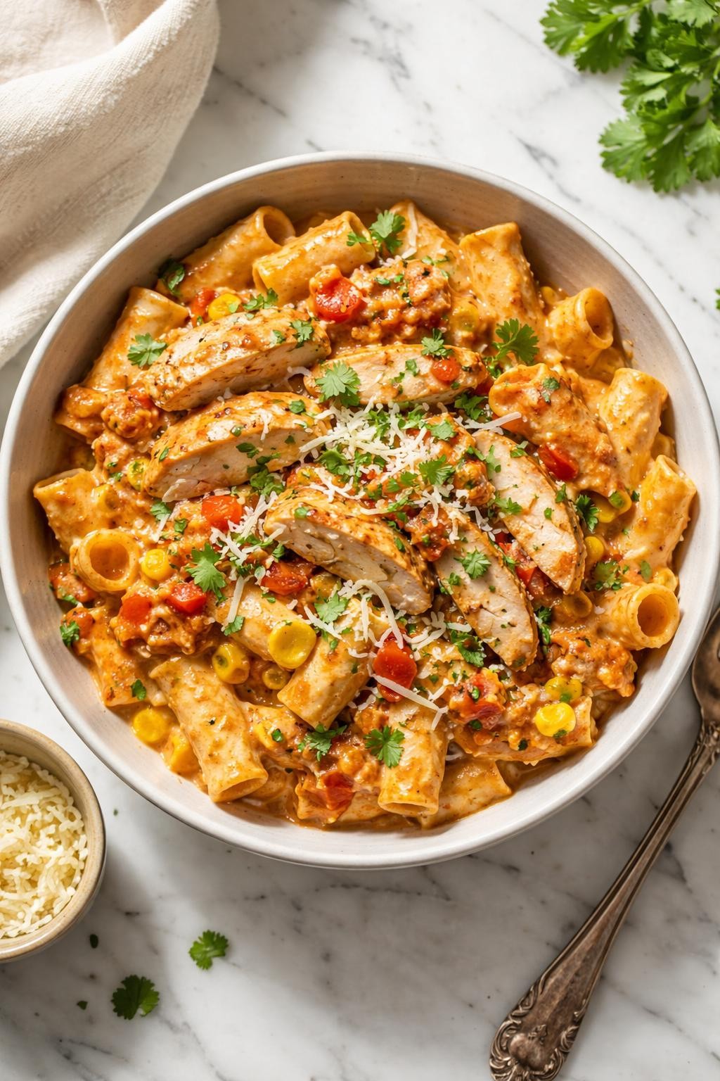 Image Prompt: Realistic top-down editorial food photography of creamy Mexican chicken breast pasta in a bowl on a white marble countertop, pasta tossed with sliced chicken breast, creamy tomato sauce, corn, peppers, and shredded cheese, cilantro on top, bright natural daylight, cozy homemade dinner feel, no people, no hands, no text, no watermarks, no props with writing.