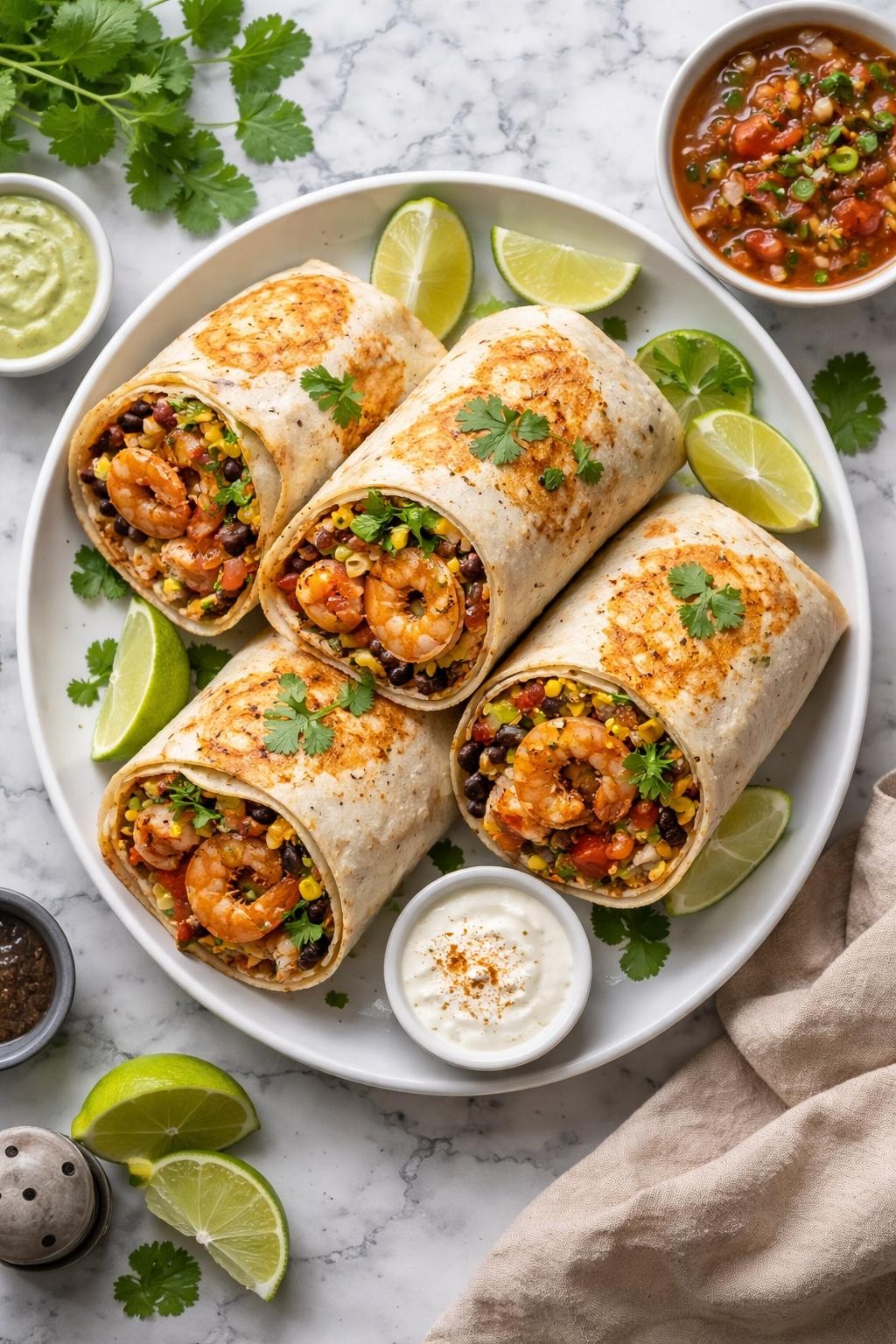 An overheard picture view of a plate of Shrimp Burritos sitting on a marble countertop table in the kitchen, professional food photography style.