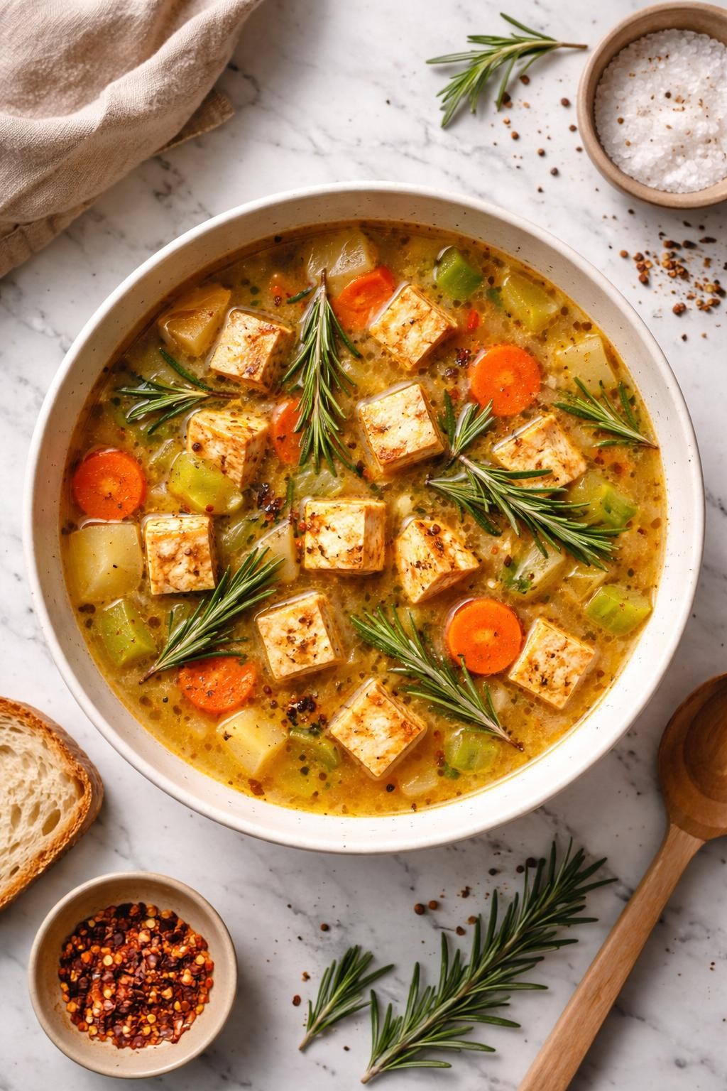 An overheard picture view of a plate of Tofu Rosemary Soup sitting on a marble countertop table in the kitchen, professional food photography style.