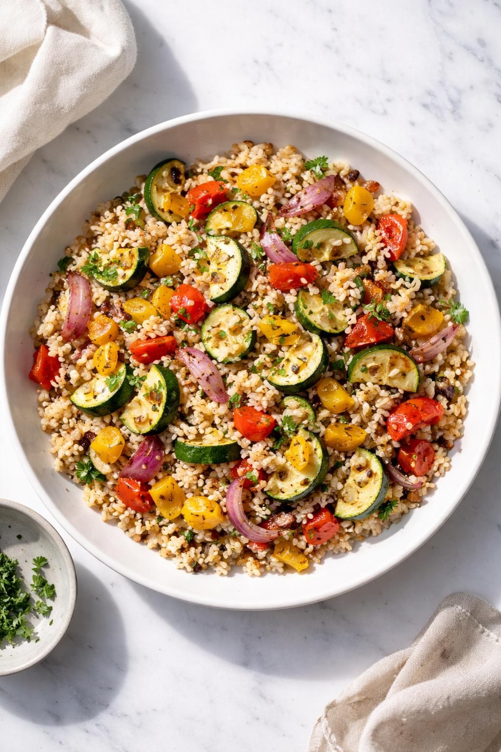 Image Prompt: Realistic top-down editorial food photography of a roasted vegetable rice salad in a shallow white bowl on a clean white marble countertop, cold rice mixed with roasted zucchini, bell peppers, red onion, and light herb dressing, wholesome homemade meal prep styling, bright natural daylight, soft shadows, clean editorial composition, high detail, realistic texture, no people, no hands, no text, no watermarks, no props with writing.