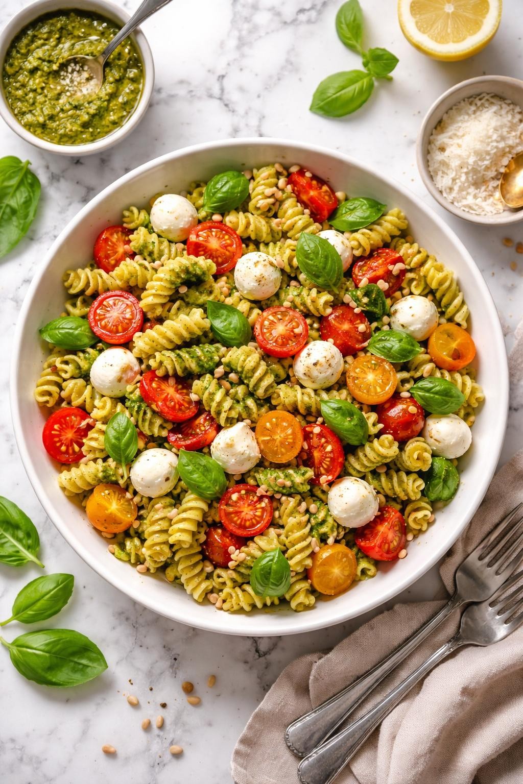 An overheard picture view of a plate of  Pesto Caprese Pasta Salad  sitting on a marble countertop table in the kitchen, professional food photography style.
