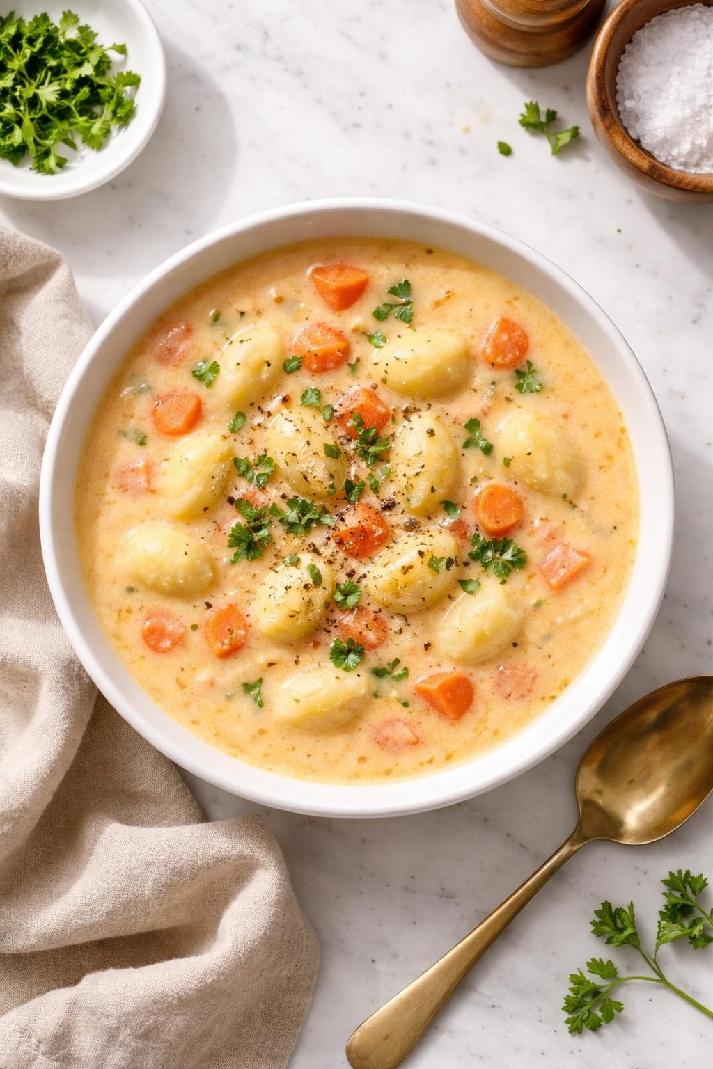 Image Prompt: Realistic top-down editorial food photography of creamy gnocchi carrot soup in a simple white bowl on a clean marble countertop, creamy pale orange soup with soft gnocchi and tender carrot pieces, topped with black pepper and parsley, cozy homemade comfort styling, bright natural light, soft shadows, no people, no hands, no text, no watermarks, no props with writing.
