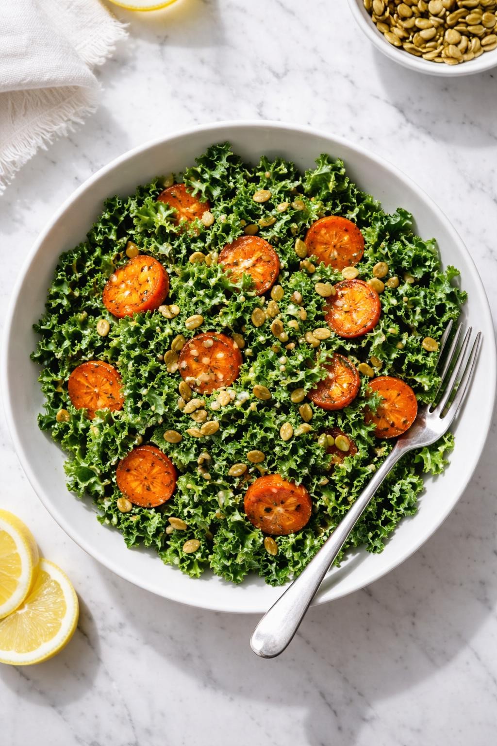 Image Prompt: Realistic top-down editorial food photography of a healthy kale and roasted carrot salad in a white bowl on a clean marble countertop, chopped kale with roasted carrot slices, pumpkin seeds, and lemon dressing, cozy healthy lunch styling, bright natural daylight, no people, no hands, no text, no watermarks, no props with writing.