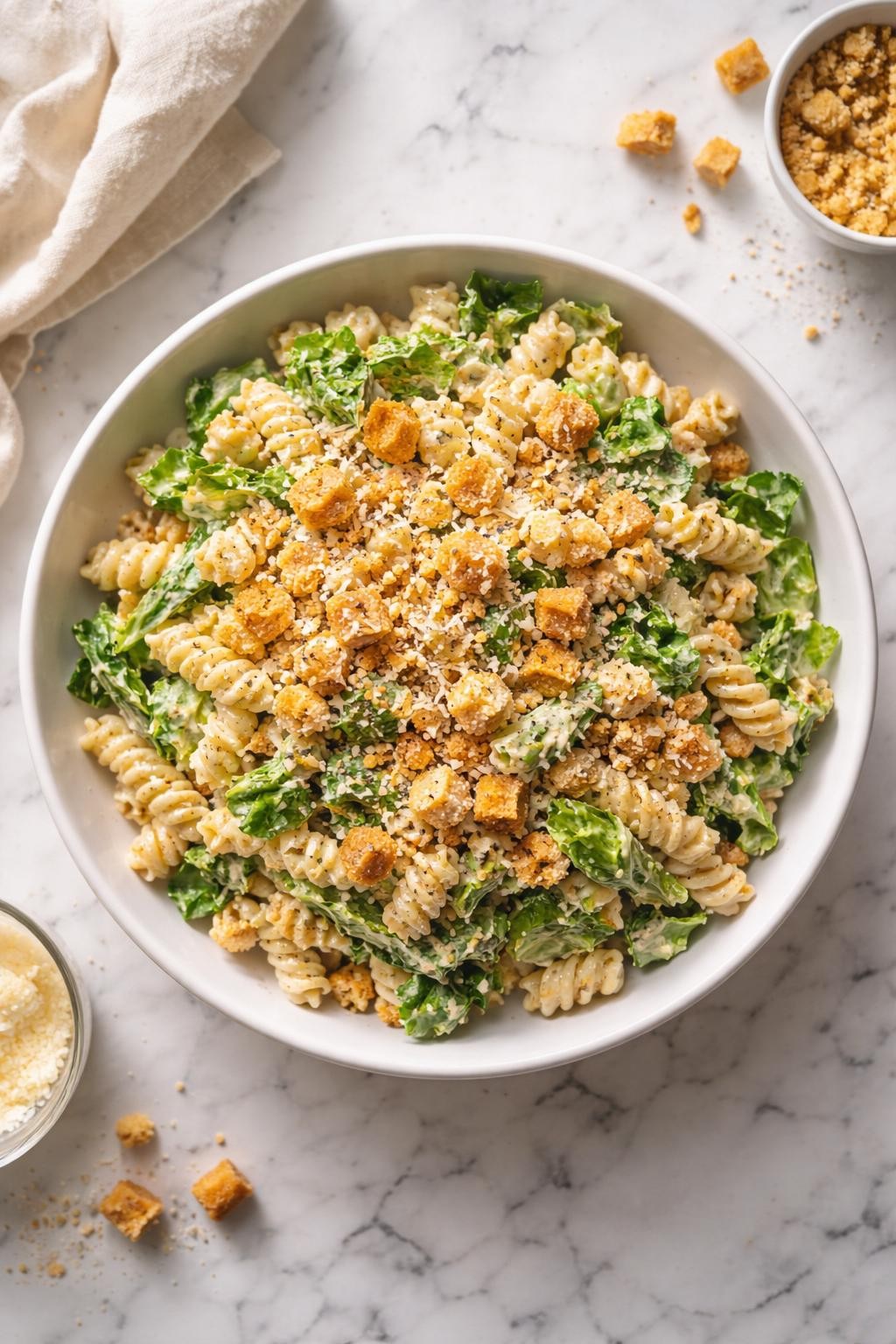 Image Prompt: Realistic top-down editorial food photography of Caesar pasta salad with crushed crouton crumble in a simple white bowl on a clean marble countertop, rotini pasta tossed with romaine, creamy Caesar dressing, parmesan, and crushed golden croutons scattered over the top, cozy homemade styling, bright natural light, soft shadows, no people, no hands, no text, no watermarks, no props with writing.