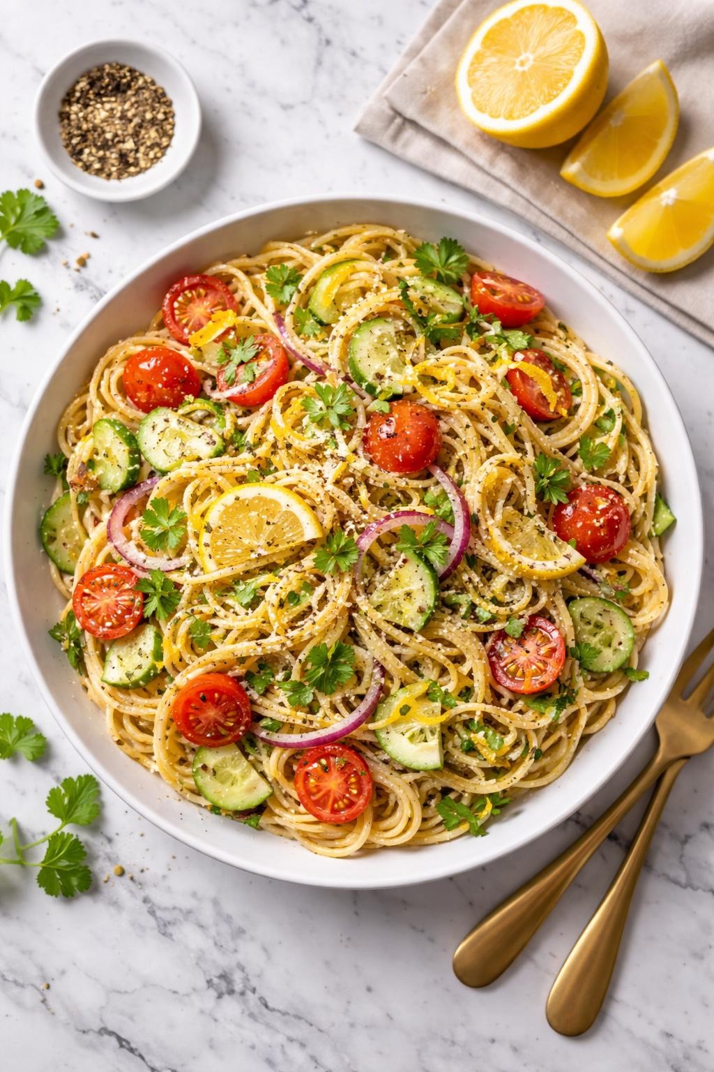 An overheard picture view of a plate of Lemon Pepper Spaghetti Salad   sitting on a marble countertop table in the kitchen, professional food photography style.
