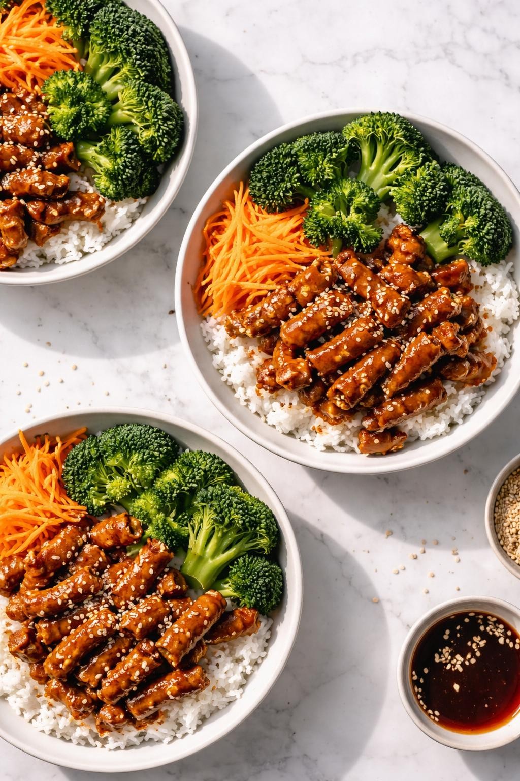 Image Prompt: Realistic top-down editorial food photography of soy curl teriyaki bowls on a white marble countertop, fluffy rice topped with glossy teriyaki soy curls, steamed broccoli, shredded carrots, and sesame seeds in a neat bowl, easy homemade vegan dinner styling, bright natural daylight, soft shadows, clean editorial composition, high detail, realistic texture, no people, no hands, no text, no watermarks, no props with writing.