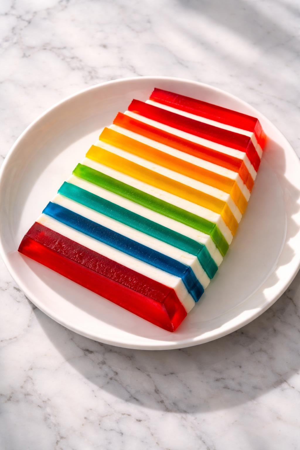 Image Prompt: Realistic top-down editorial food photography of rainbow layered Jello salad sliced neatly on a white plate over a marble countertop, bright distinct layers of red orange yellow green and blue gelatin with thin creamy white layers in between, clean vintage party dessert styling, bright natural daylight, soft shadows, high detail, realistic food texture, no people, no hands, no text, no watermarks, no props with writing.