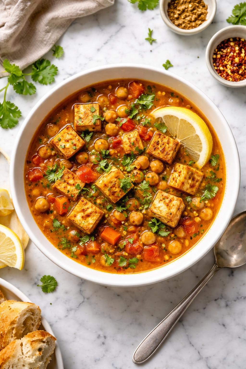 An overheard picture view of a plate of Moroccan Chickpea and Tofu Soup sitting on a marble countertop table in the kitchen, professional food photography style.