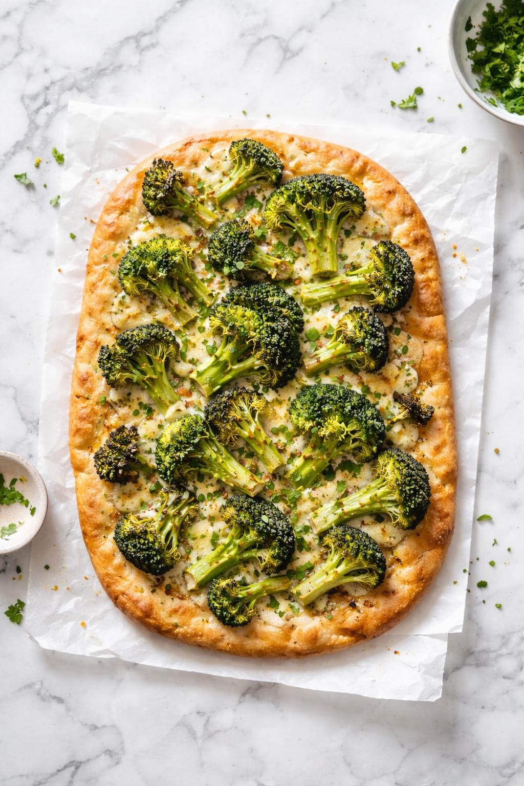 Image Prompt: Realistic top-down editorial food photography of a vegan broccoli flatbread on a white marble countertop, crisp flatbread topped with roasted broccoli, vegan cheese, and herbs, simple homemade lunch styling, bright natural light, no people, no hands, no text, no watermarks, no props with writing.