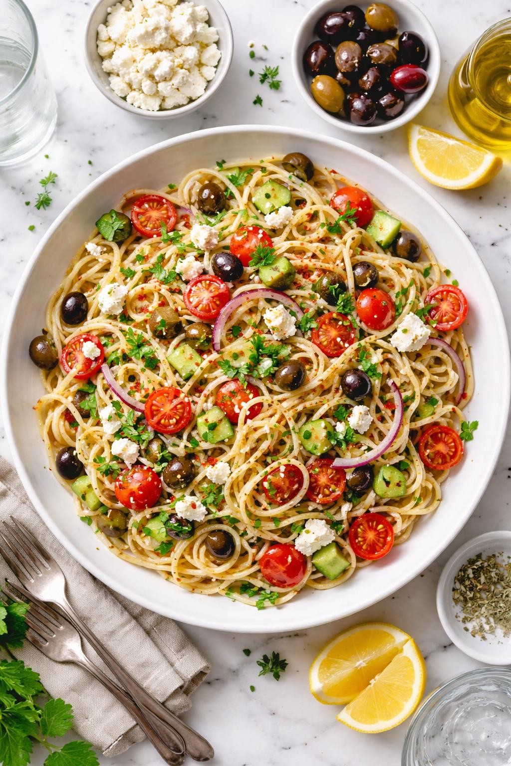 An overheard picture view of a plate of  Mediterranean Spaghetti Salad with Feta  sitting on a marble countertop table in the kitchen, professional food photography style.

