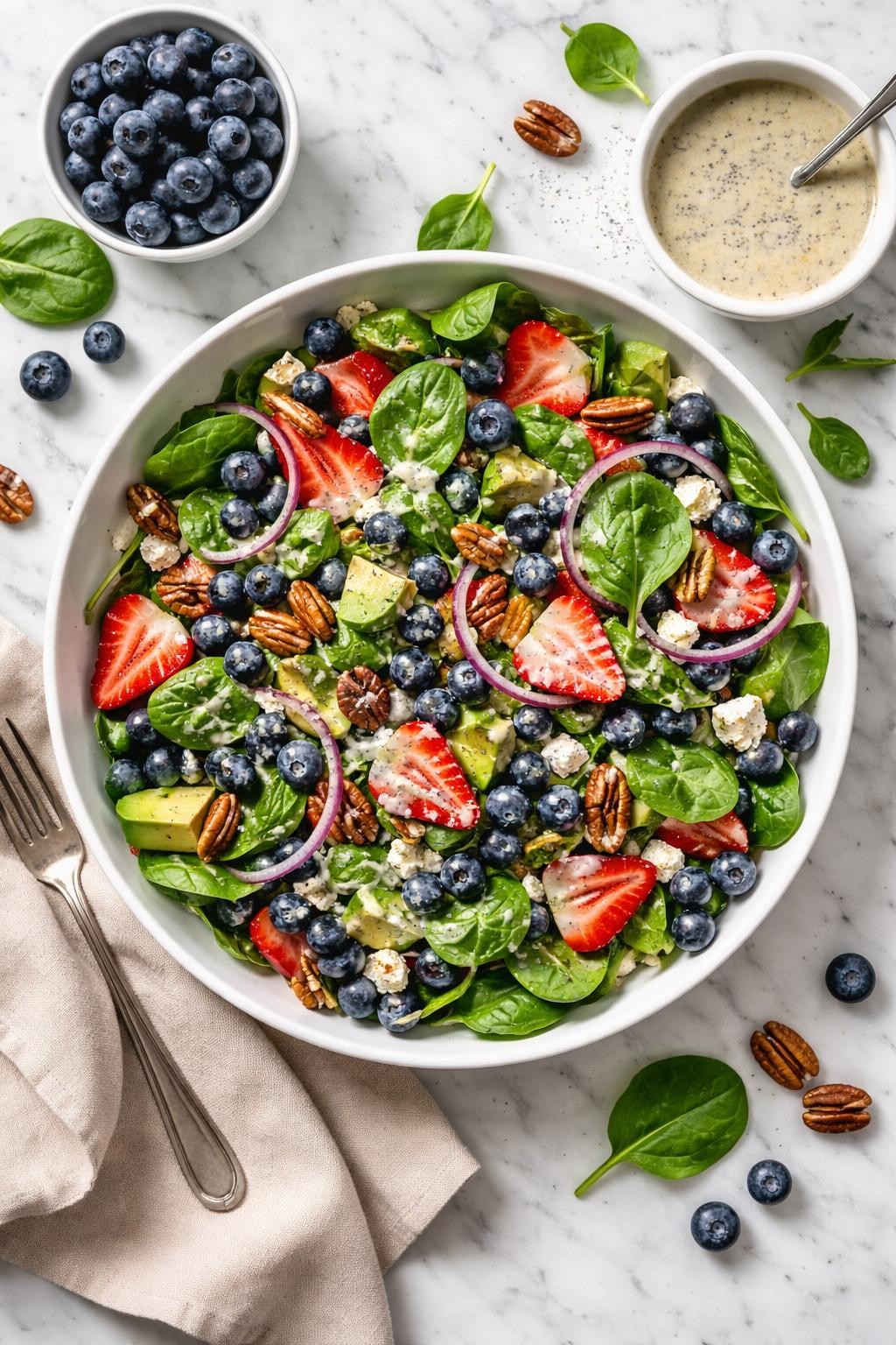An overheard picture view of a plate of Fresh Blueberry Spinach Salad with Poppy Seed Dressing sitting on a marble countertop table in the kitchen, professional food photography style.